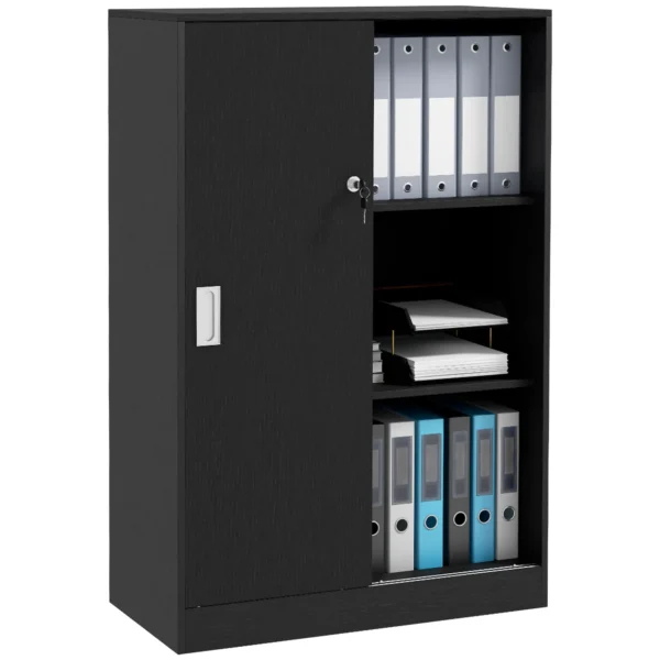 3-Shelf Office Cabinet with 2 Security Keys and Sliding Doors, 80x40x120 cm, Black
