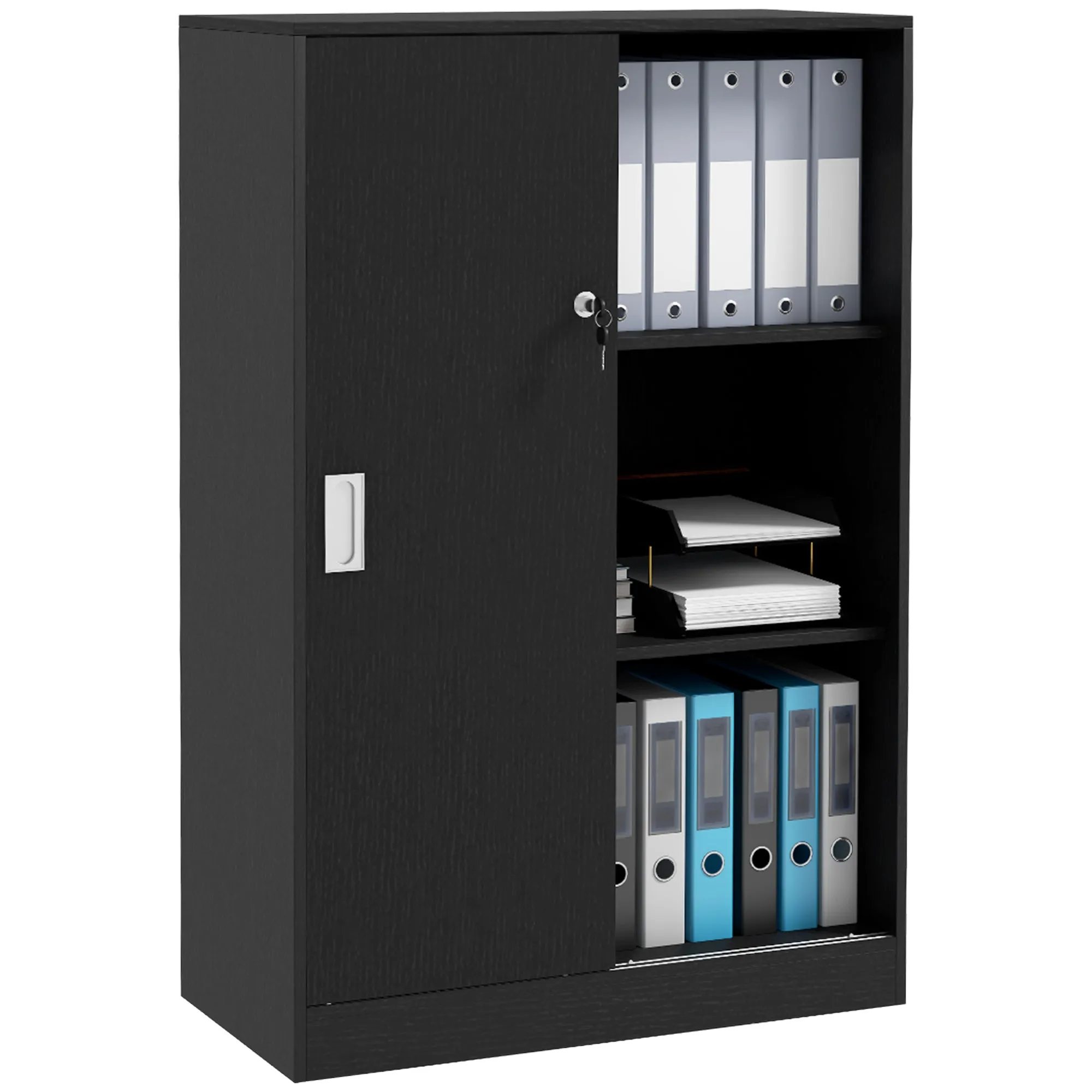 3-Shelf Office Cabinet with 2 Security Keys and Sliding Doors, 80x40x120 cm, Black