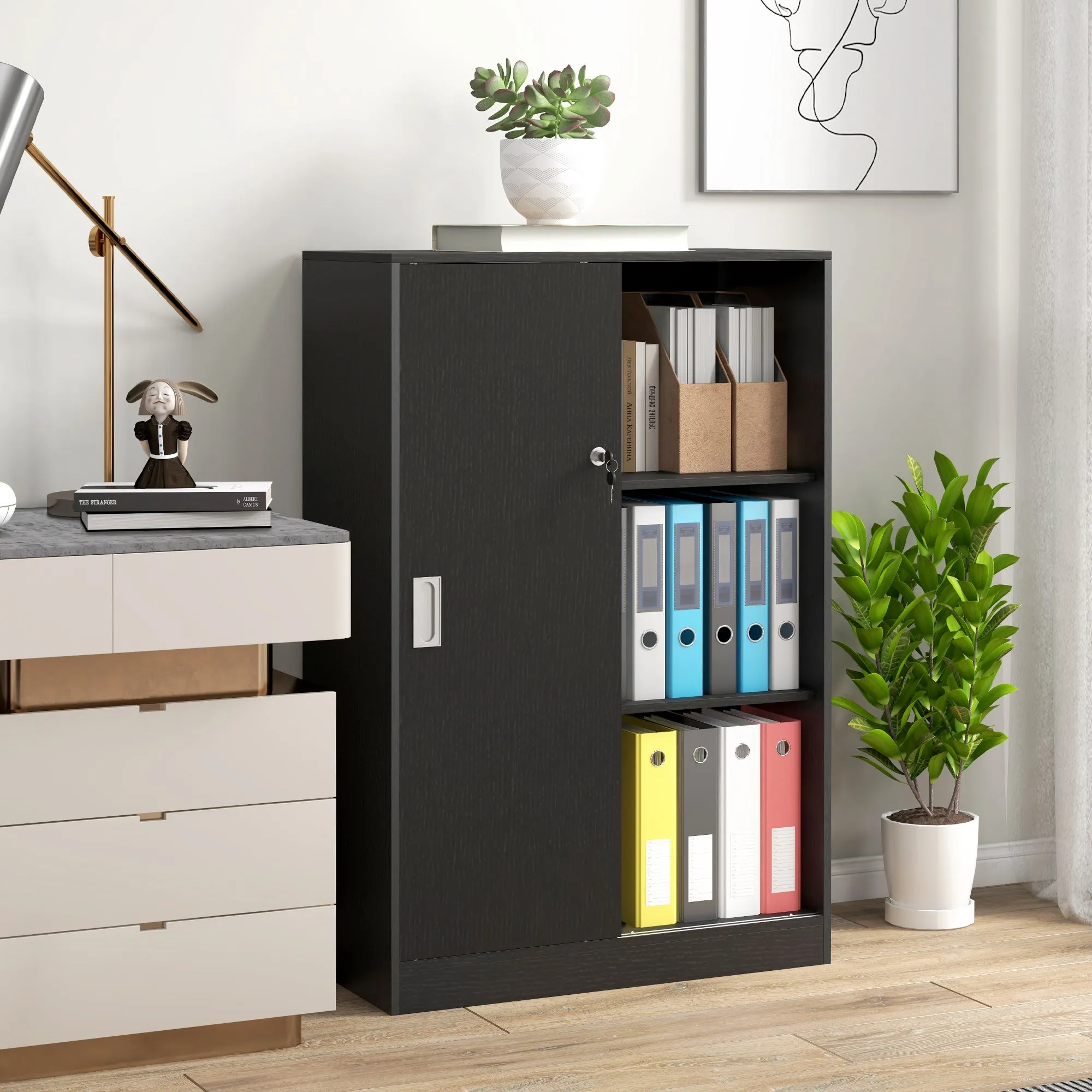 3-Shelf Office Cabinet with 2 Security Keys and Sliding Doors, 80x40x120 cm, Black - Image 2