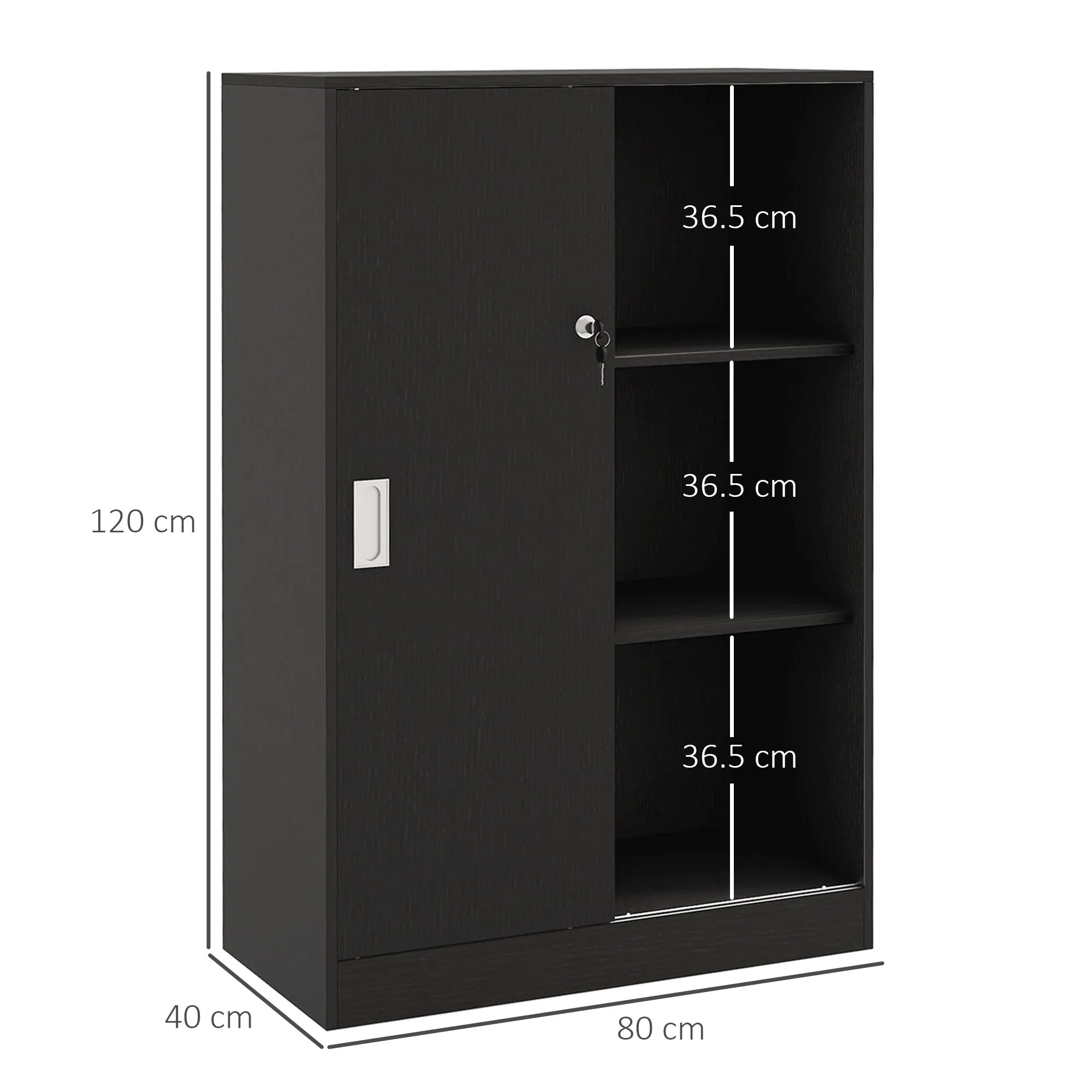 3-Shelf Office Cabinet with 2 Security Keys and Sliding Doors, 80x40x120 cm, Black - Image 3