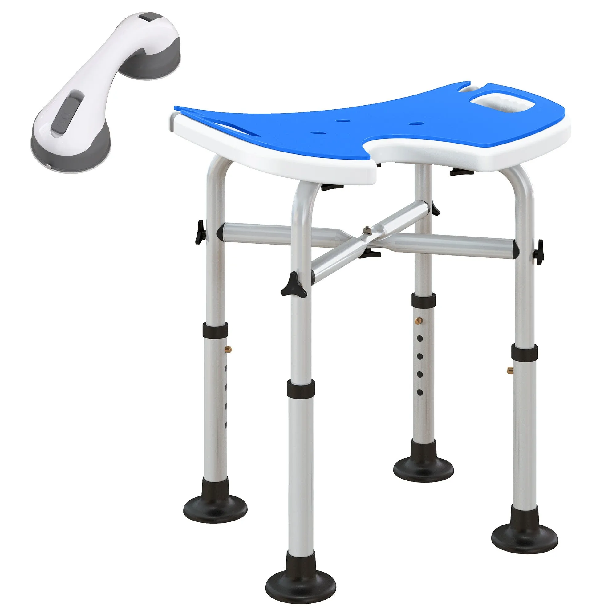 Height-Adjustable Shower Stool with Handle, U-Shaped Padded Seat and Non-Slip Feet, Blue