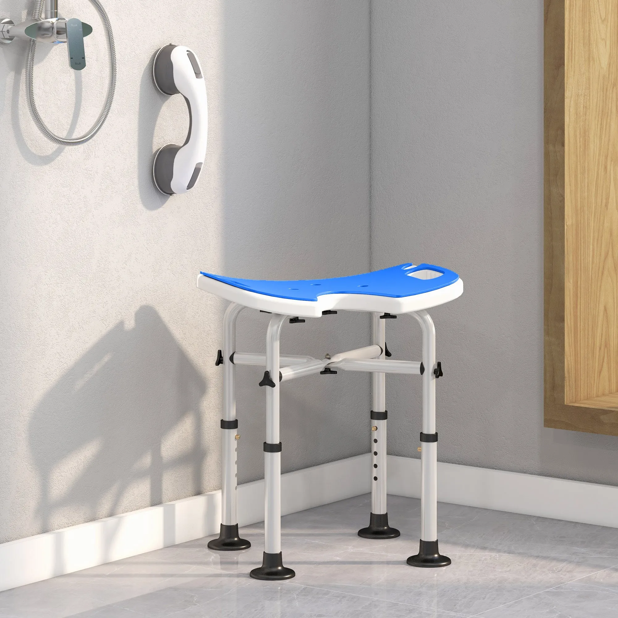 Height-Adjustable Shower Stool with Handle, U-Shaped Padded Seat and Non-Slip Feet, Blue - Image 2