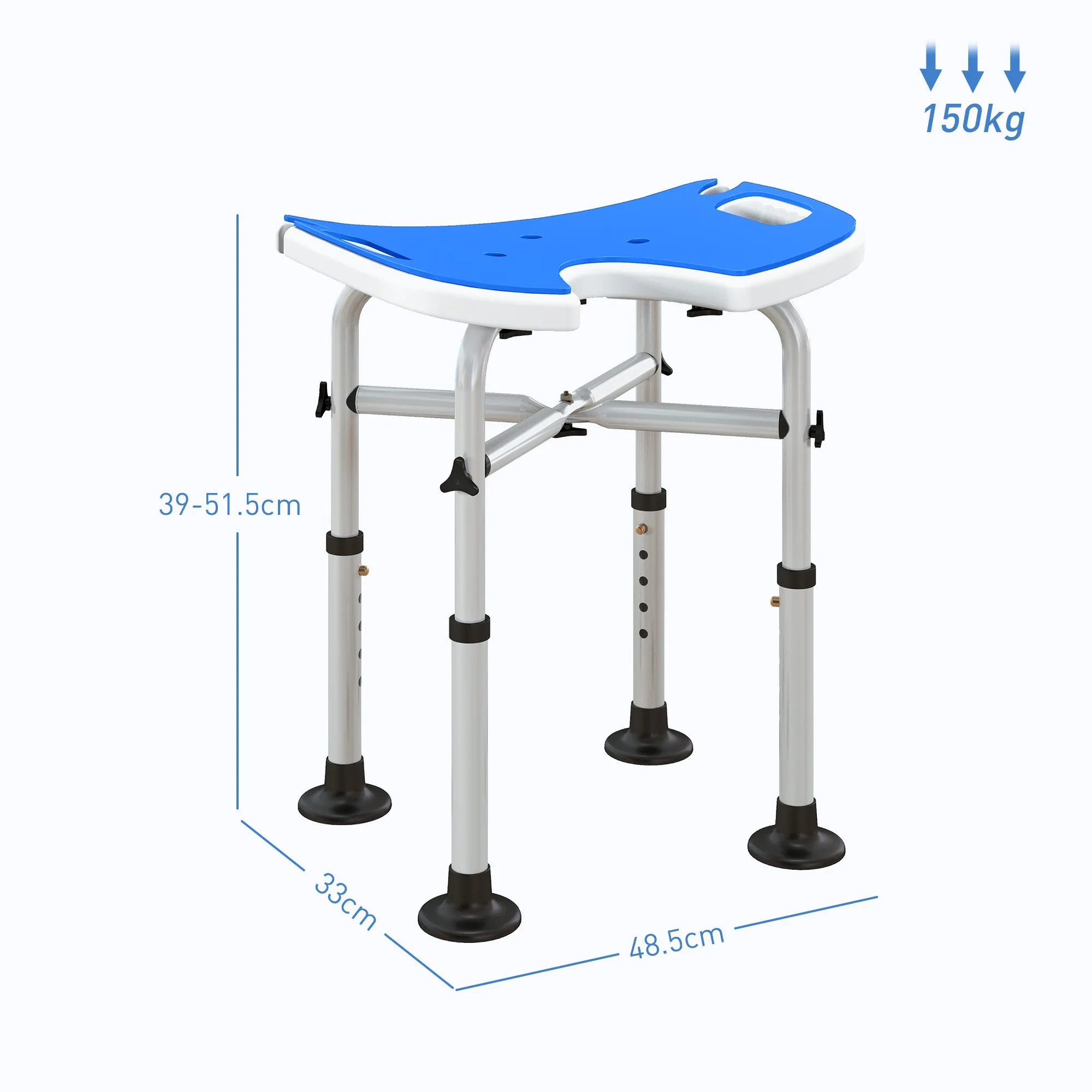 Height-Adjustable Shower Stool with Handle, U-Shaped Padded Seat and Non-Slip Feet, Blue - Image 3