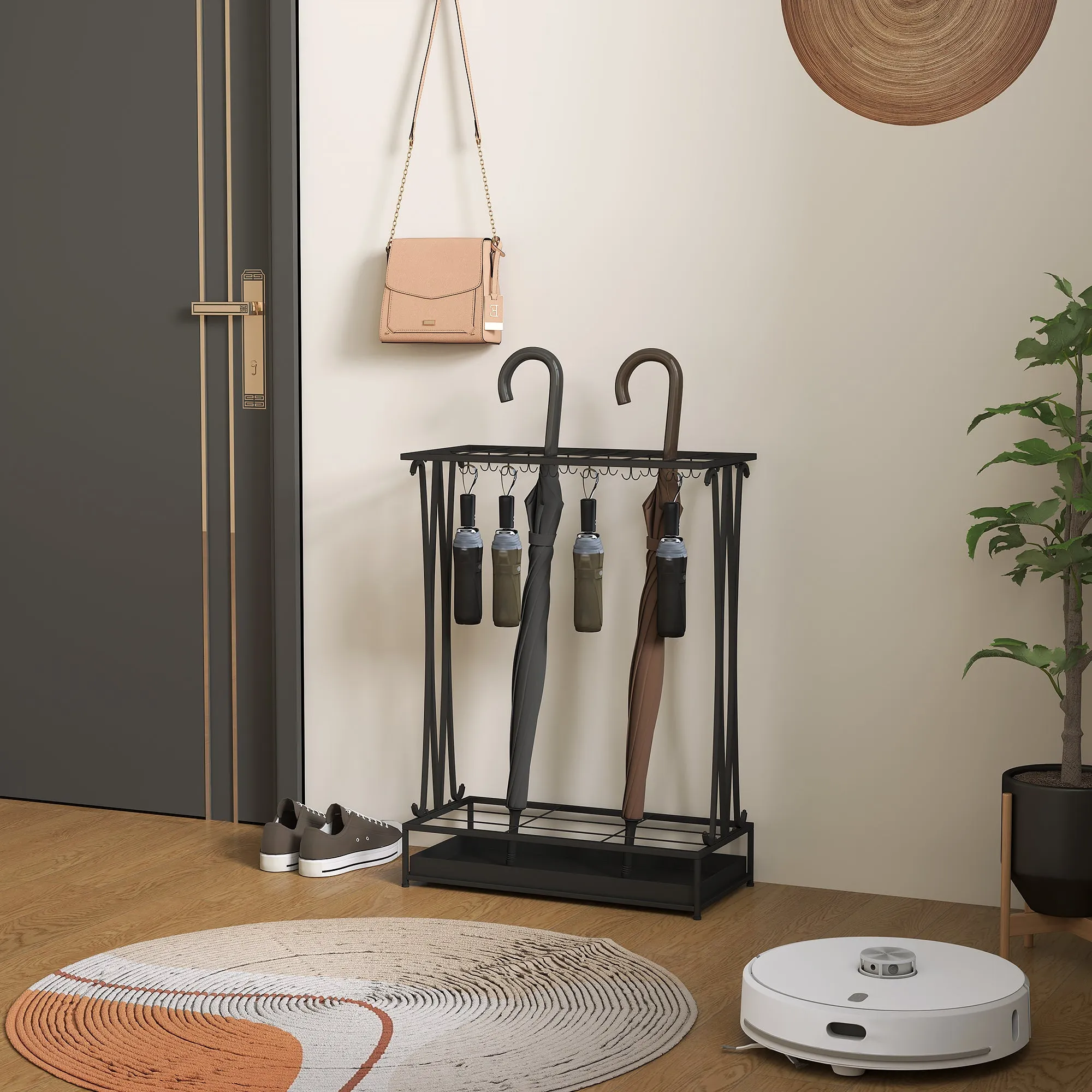 Umbrella Stand with Water Tray, 21 Holes and 24 Umbrella Hooks, Steel, 50x24x68 cm, Black - Image 2