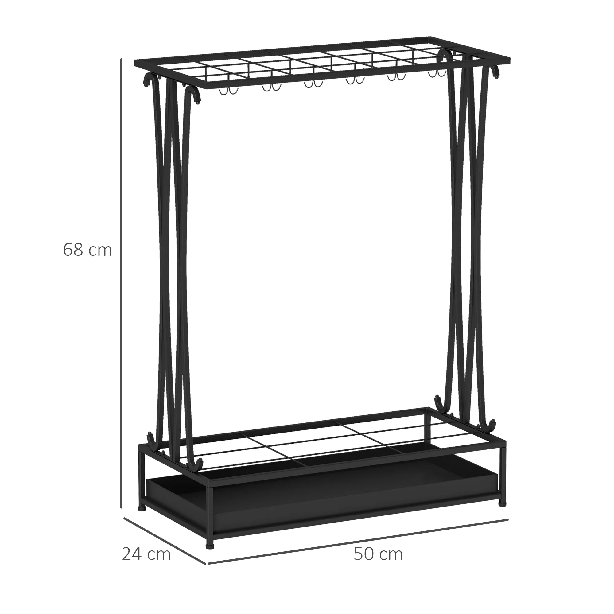 Umbrella Stand with Water Tray, 21 Holes and 24 Umbrella Hooks, Steel, 50x24x68 cm, Black - Image 3