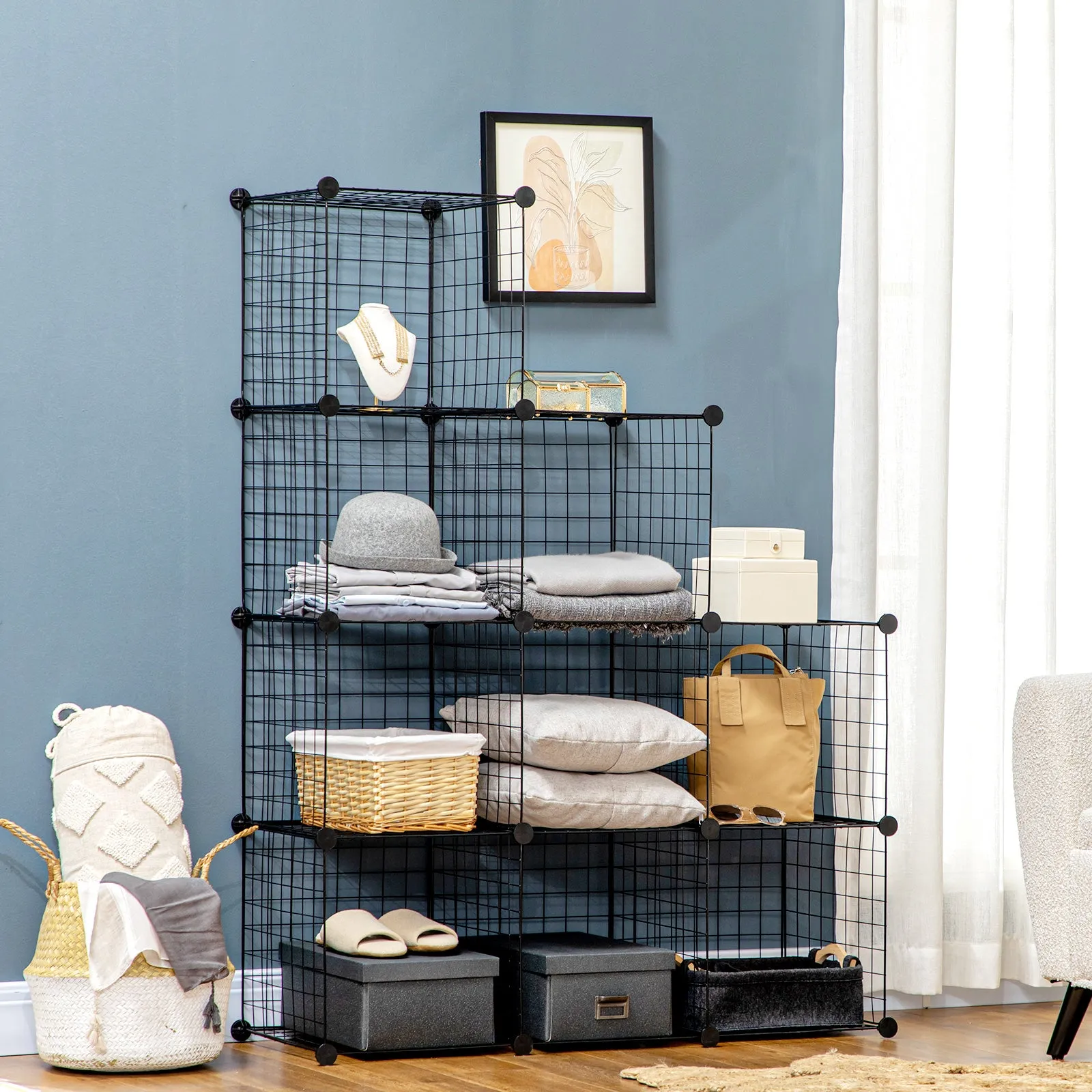 Space-saving bookcase cabinet, 9 mesh cubes with steel and PP panels, 35x35x35 cm, Black - Image 2