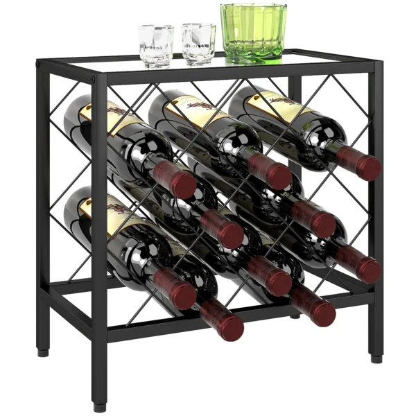 Wine Bottle Rack for 10 Bottles in Black Steel with Tempered Glass Shelf, 41x22x41 cm