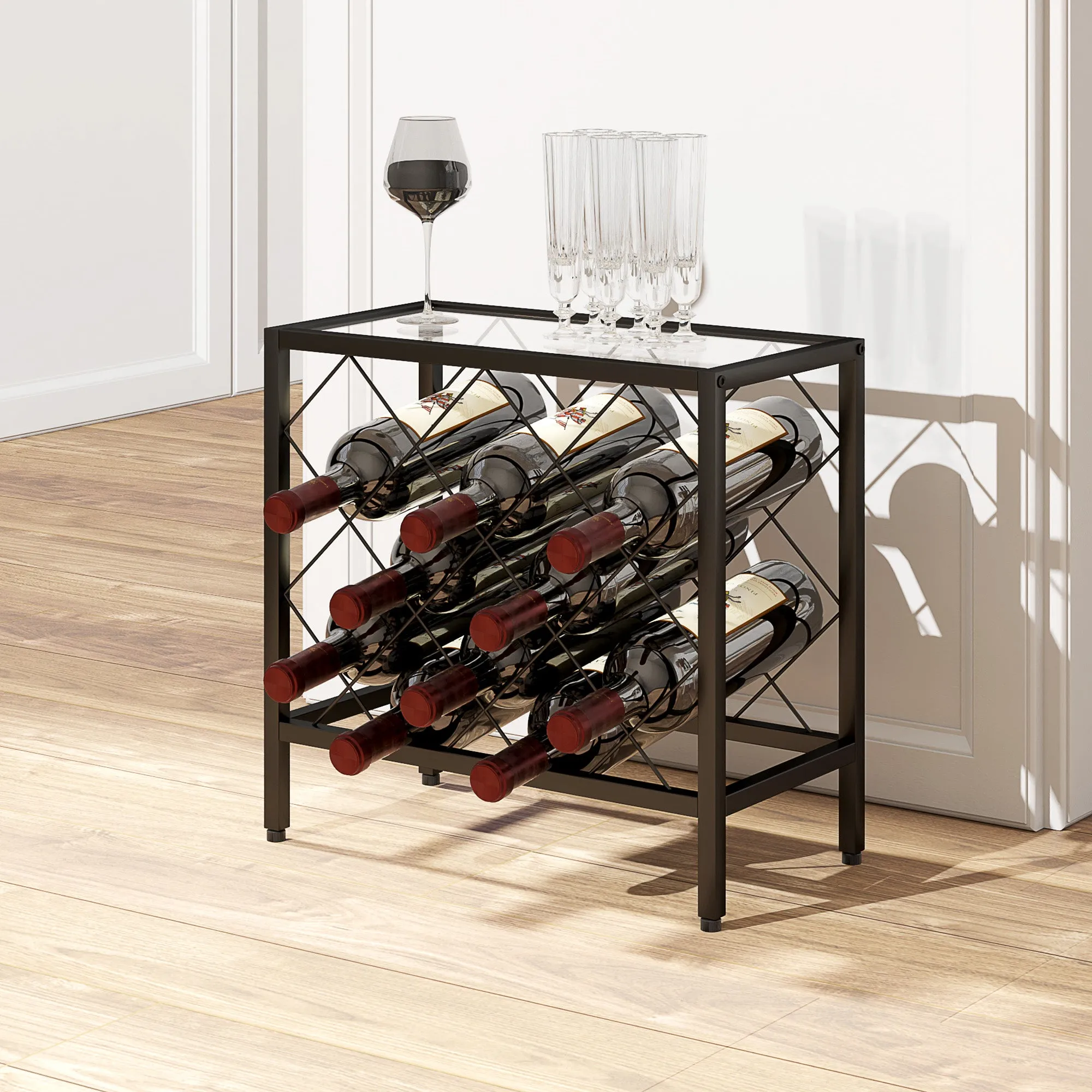 Wine Bottle Rack for 10 Bottles in Black Steel with Tempered Glass Shelf, 41x22x41 cm - Image 2