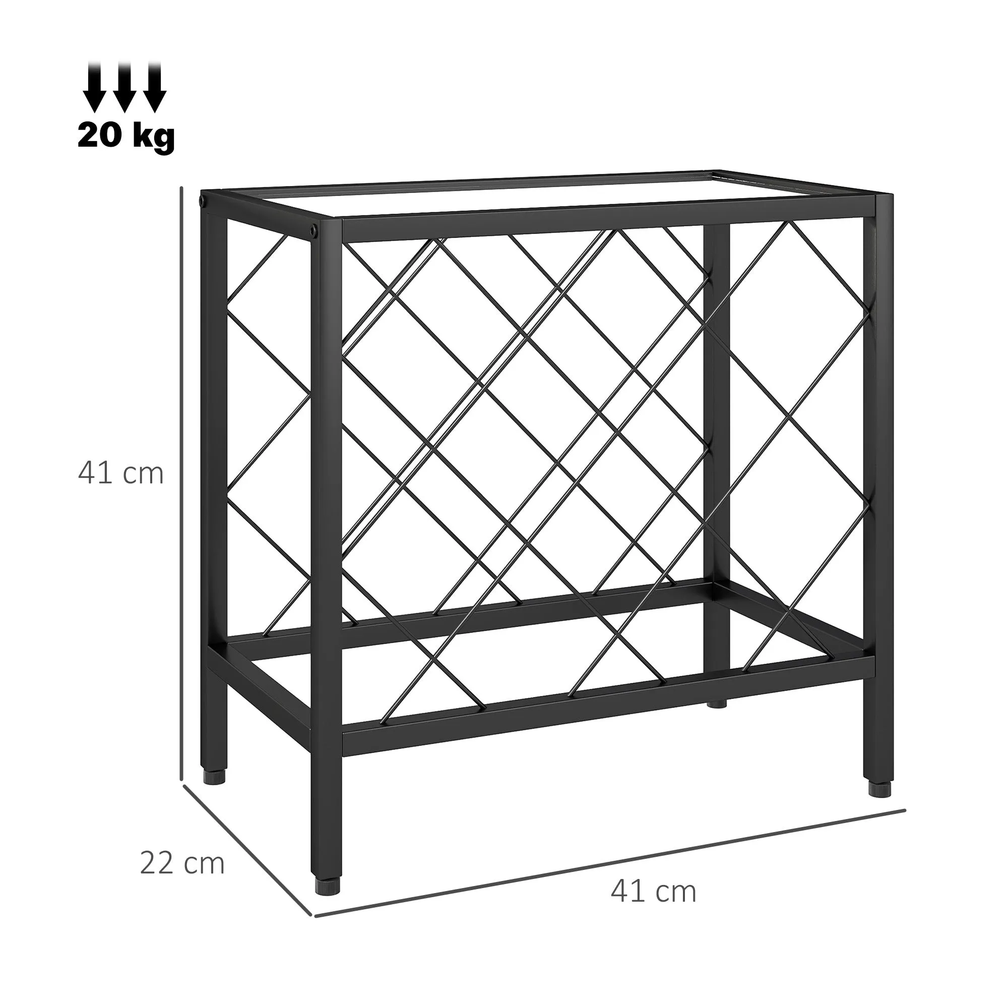 Wine Bottle Rack for 10 Bottles in Black Steel with Tempered Glass Shelf, 41x22x41 cm - Image 3