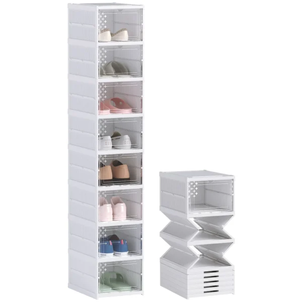 Shoe Rack with 8 Stackable and Foldable Shoe Containers with Transparent Panel, White