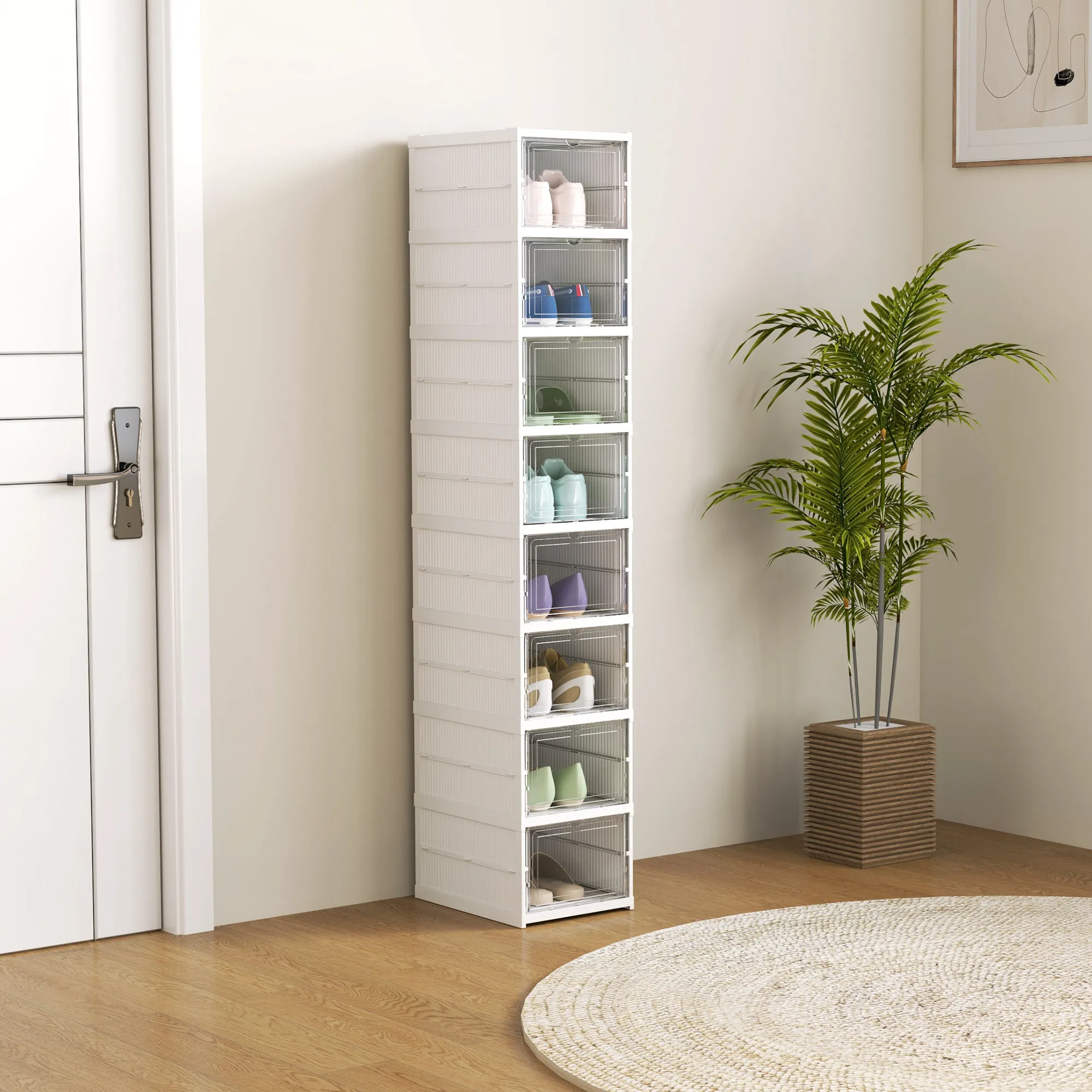 Shoe Rack with 8 Stackable and Foldable Shoe Containers with Transparent Panel, White - Image 2
