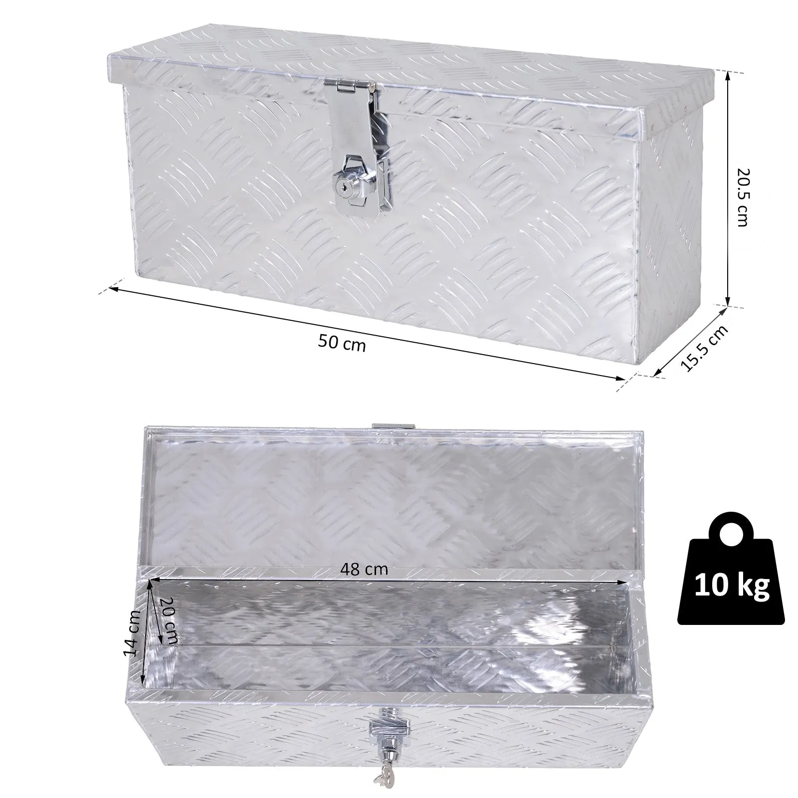 2 kg Tool Box with Key Lock, in Aluminum Sheet, 50x15.5x20.5 cm, Silver - Image 3