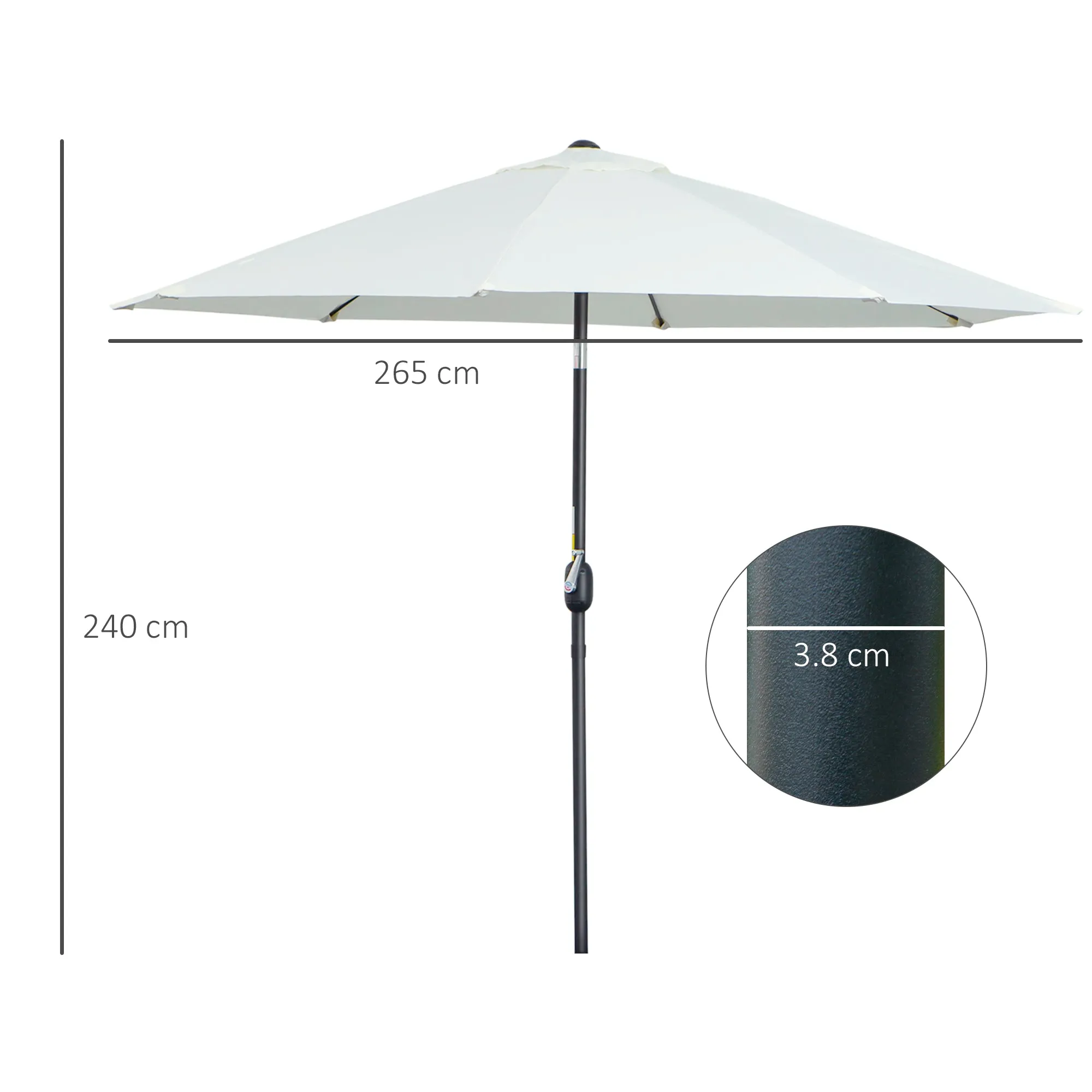 Round Garden Umbrella with Crank and 3-Level Tilting, Ø265x240 cm, Cream - Image 3