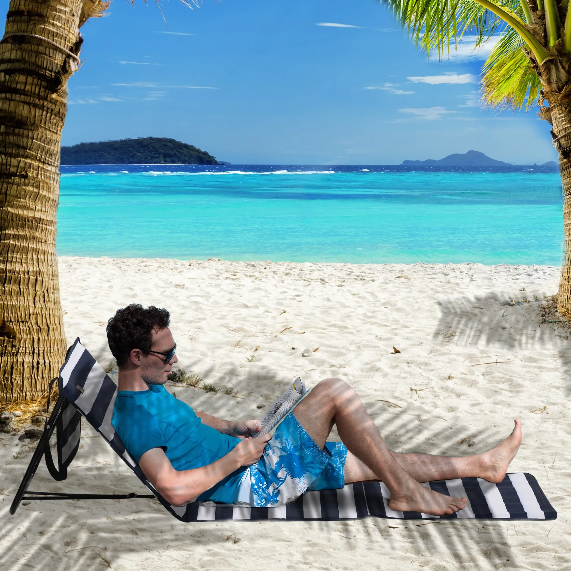Set of 2 Folding and Adjustable Beach Chairs with Pocket, in Steel and Polyester, 142x51x40 cm, Multicolor - Image 2