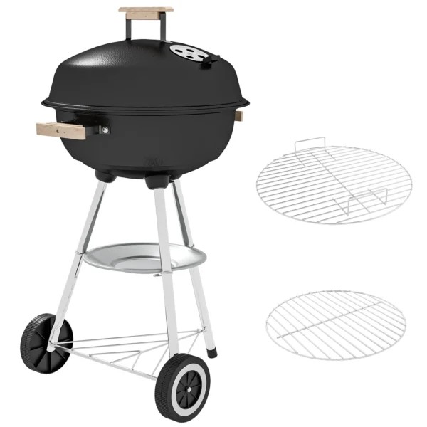 Charcoal Barbecue with Steel Grill, Lid and Air Vents and Wheels, Black