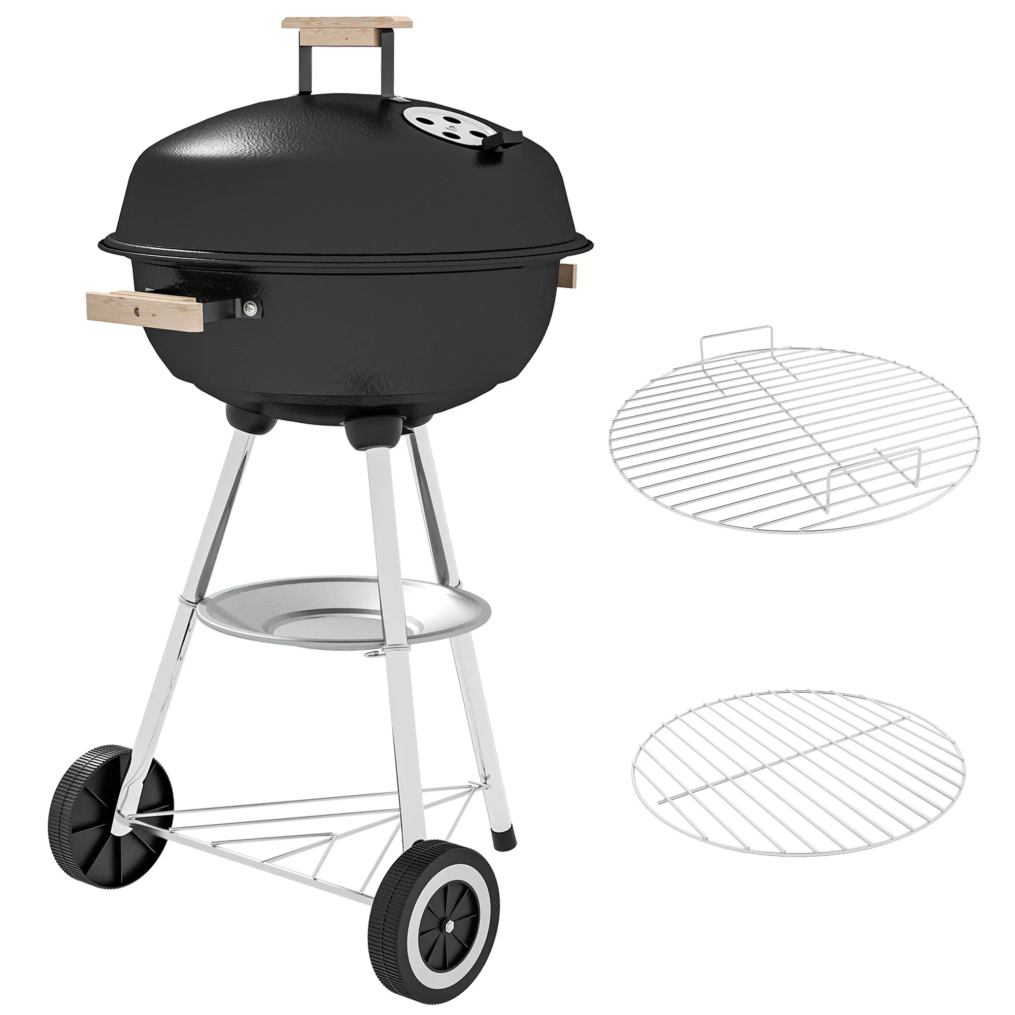 Charcoal Barbecue with Steel Grill, Lid and Air Vents and Wheels, Black