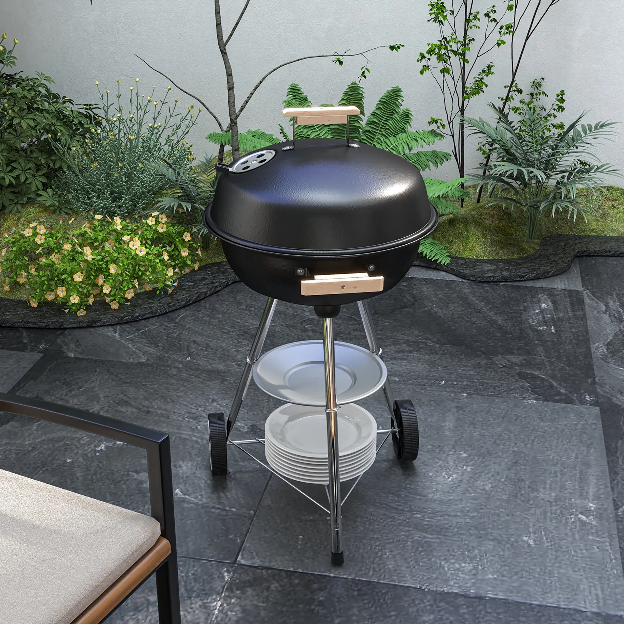 Charcoal Barbecue with Steel Grill, Lid and Air Vents and Wheels, Black - Image 2