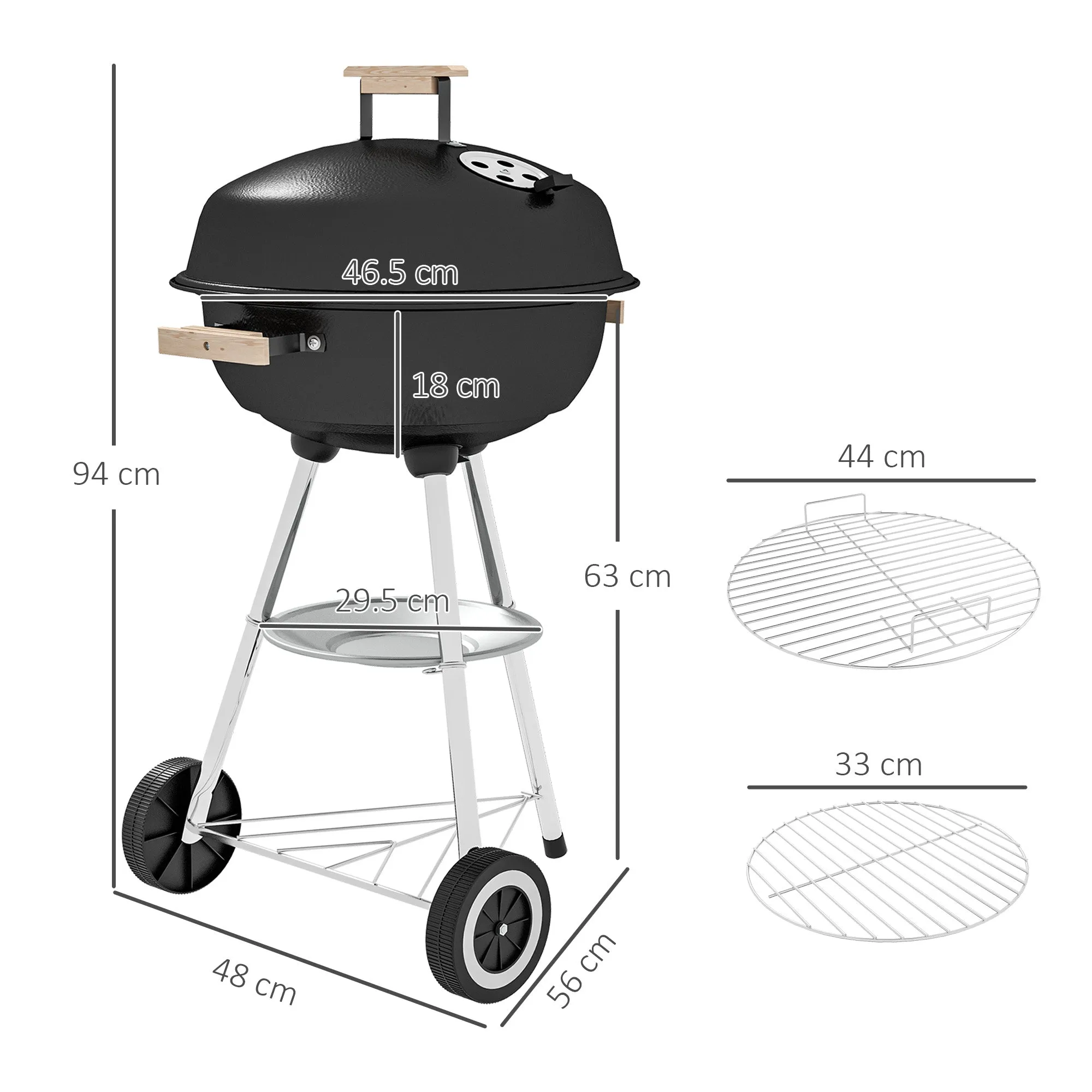 Charcoal Barbecue with Steel Grill, Lid and Air Vents and Wheels, Black - Image 3