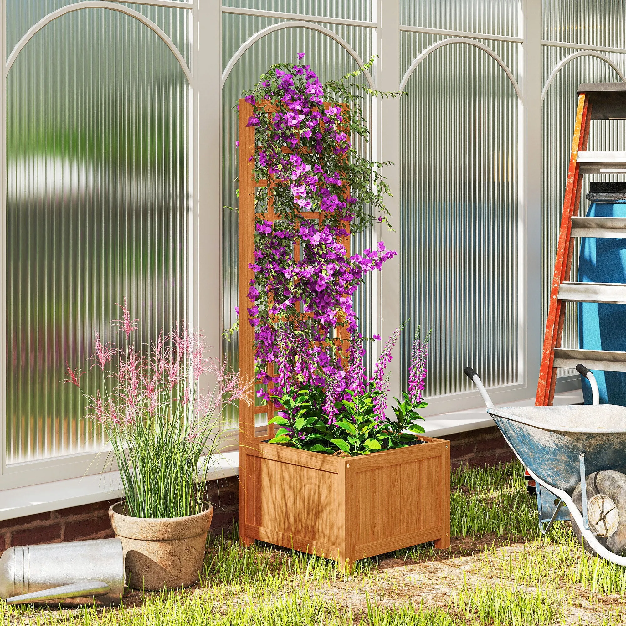 Planter with Trellis for Climbing with Drainage Hole and Lining, Wooden, 40x40x120 cm, Brown - Image 2