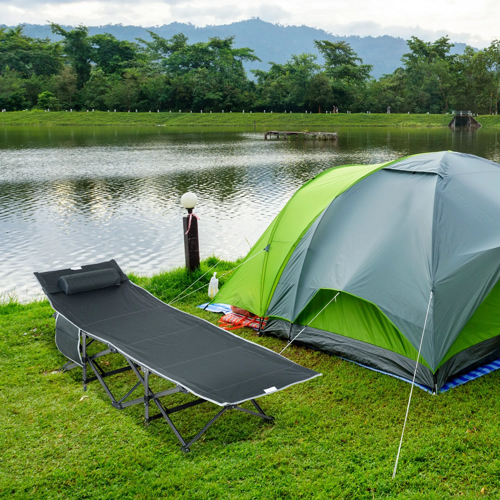 Folding and Padded Camping Cot with Storage Pocket, 188x64.5x53 cm, Gray - Image 2