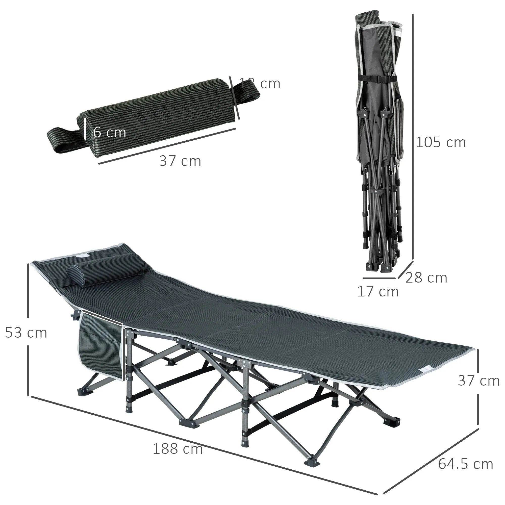 Folding and Padded Camping Cot with Storage Pocket, 188x64.5x53 cm, Gray - Image 3