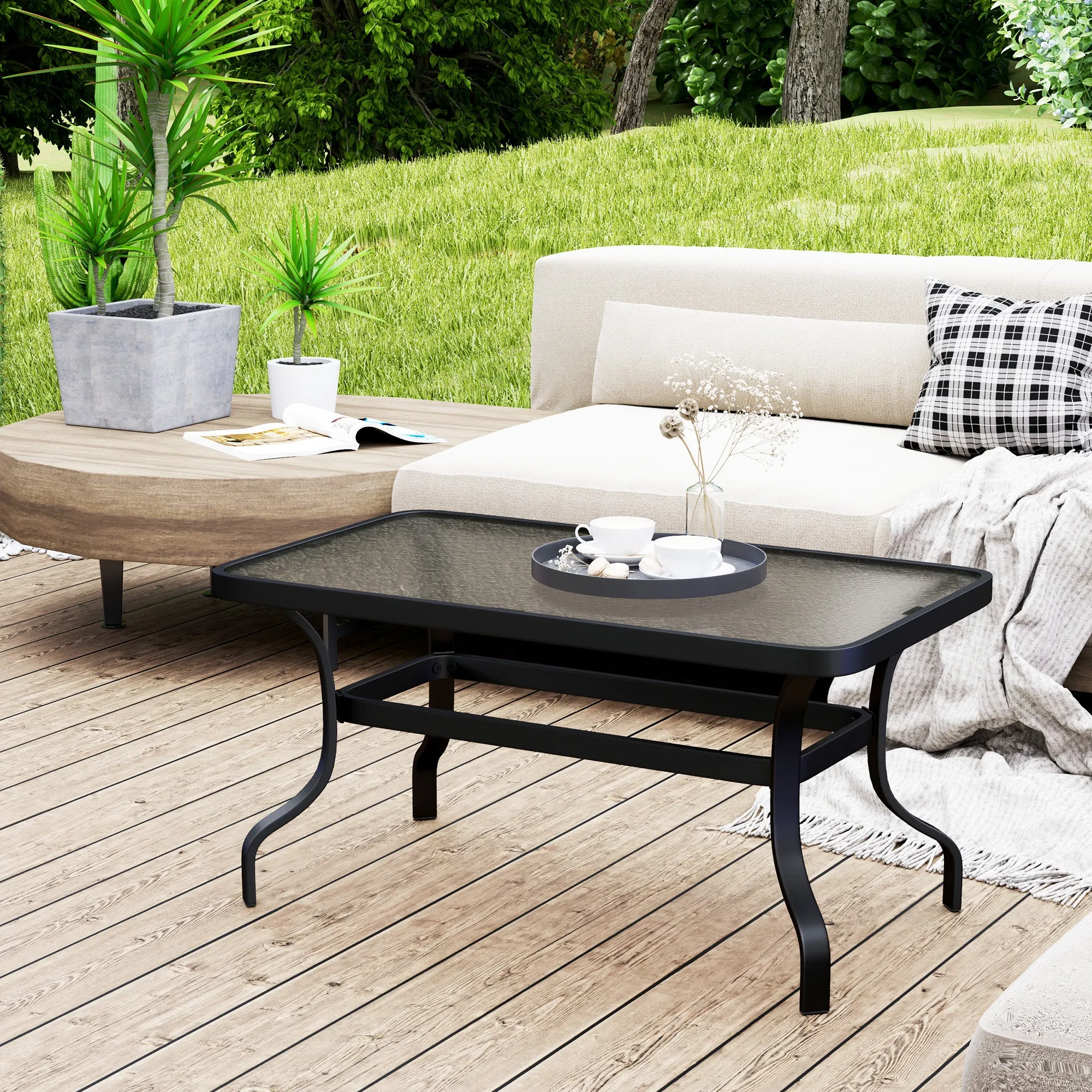 Rectangular Outdoor Coffee Table in Black Metal with Tempered Glass Top, 95x55x46 cm - Image 2