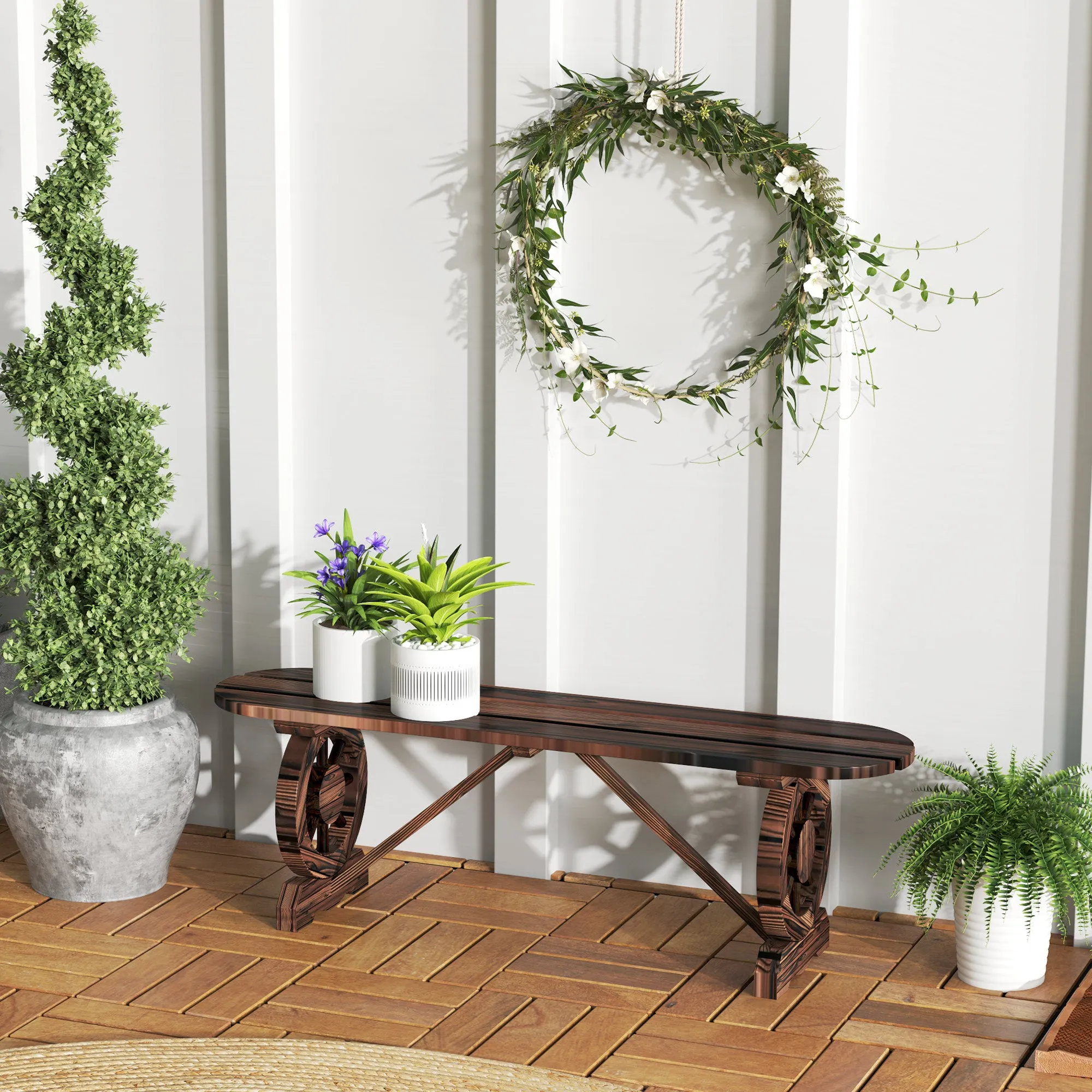 Garden Bench with Wagon Wheel Legs and Slatted Seat, 120x29x39cm, Brown - Image 2