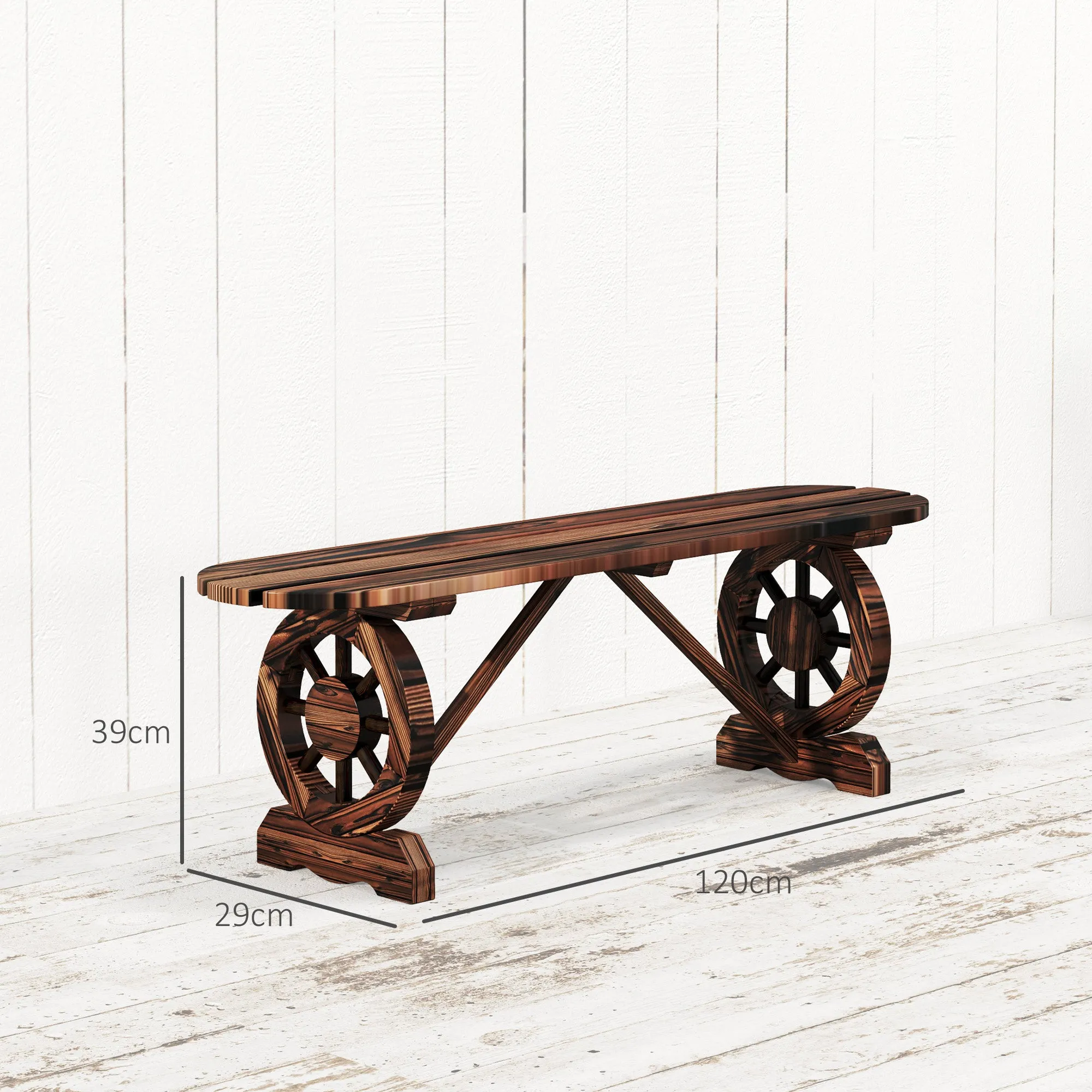 Garden Bench with Wagon Wheel Legs and Slatted Seat, 120x29x39cm, Brown - Image 3