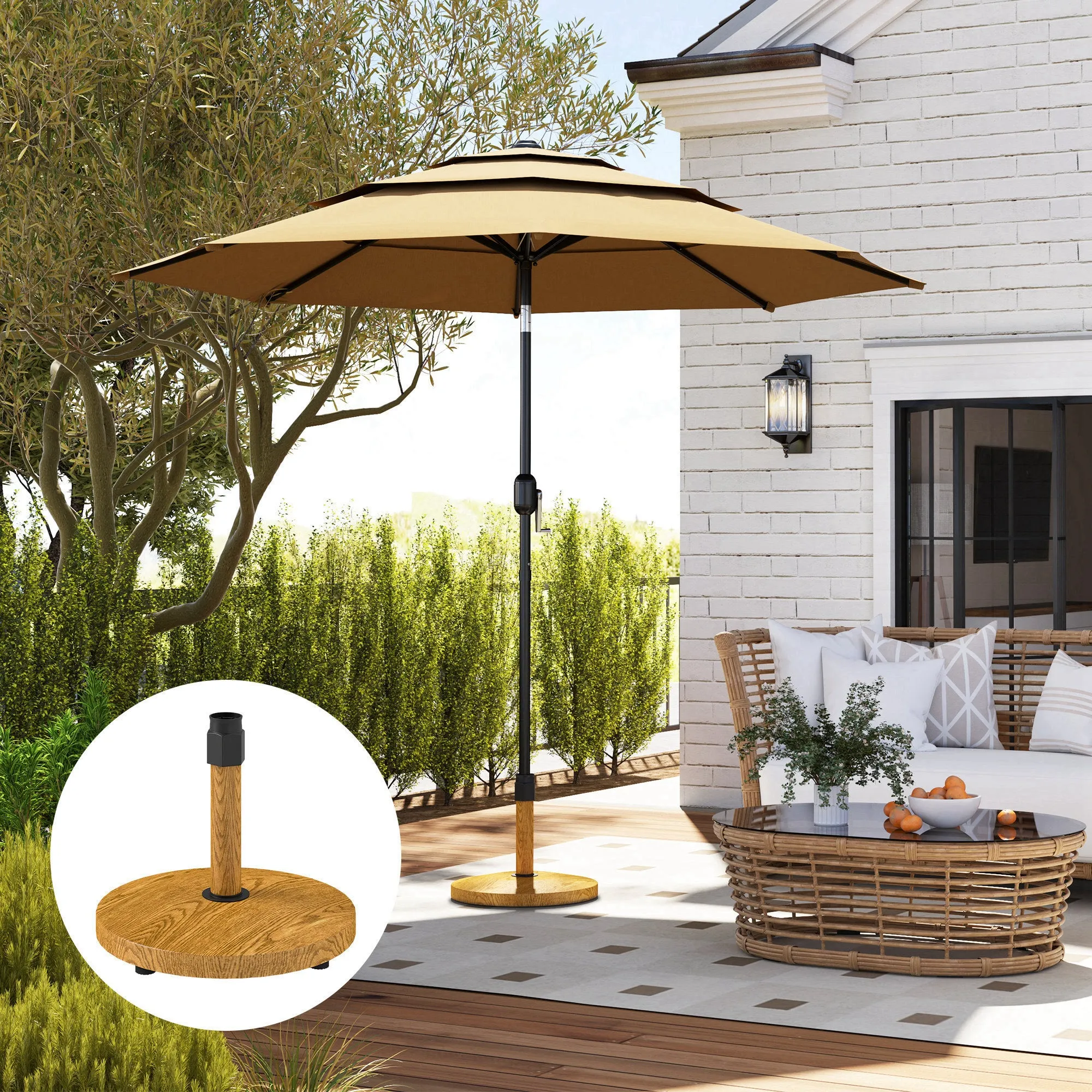 4 Wheel Umbrella Base with Brakes, in Cement and Metal, Ø48x44 cm, Wood Color - Image 2