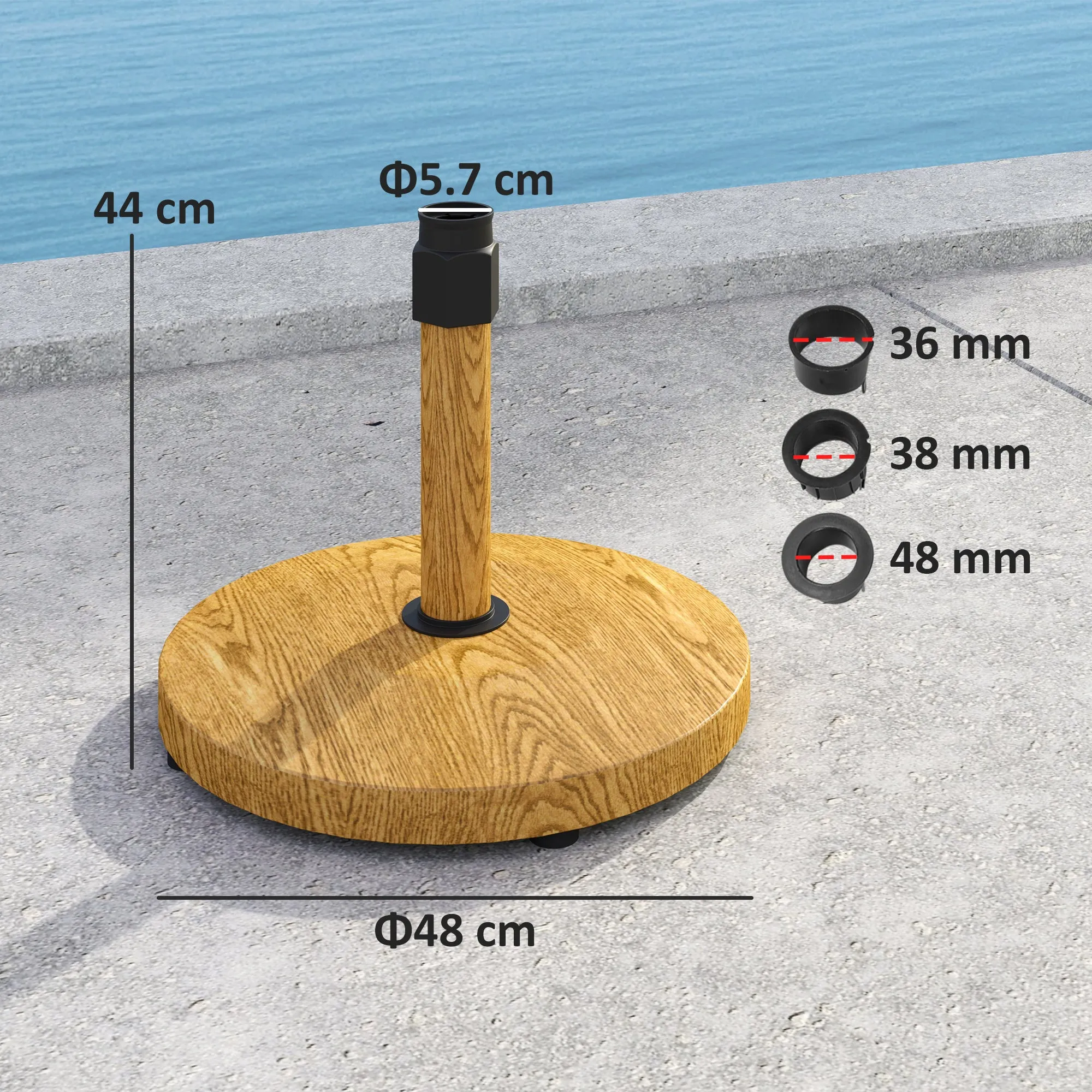4 Wheel Umbrella Base with Brakes, in Cement and Metal, Ø48x44 cm, Wood Color - Image 3