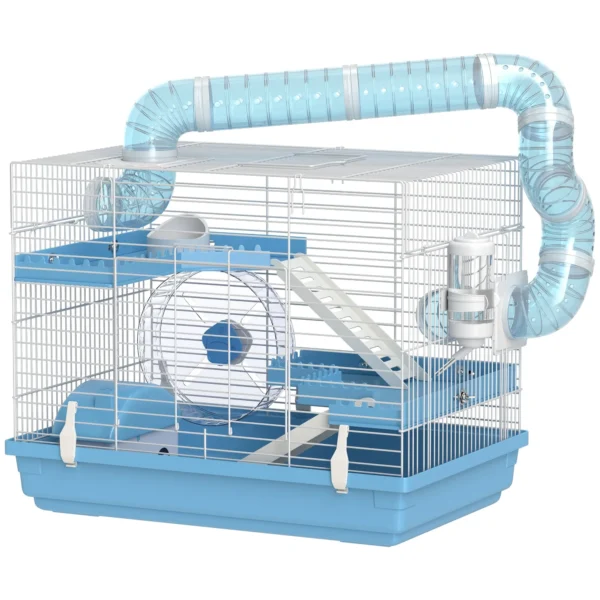 3-Story Hamster Cage with House, Wheel, Food Bowl, Bottle and Tubes, Light Blue