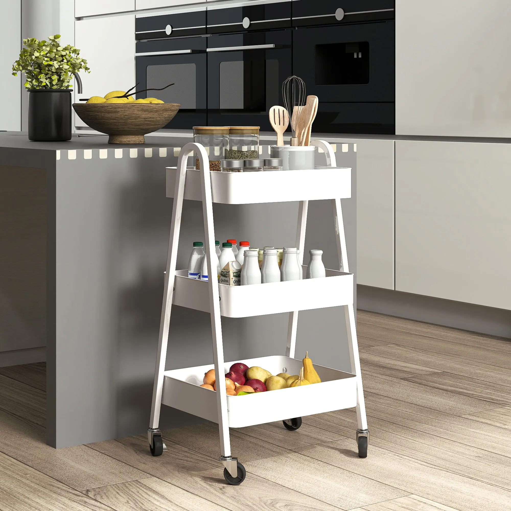 Multipurpose 3-Tier Kitchen Trolley, Swivel Wheels with Brake and Handles, White - Image 2