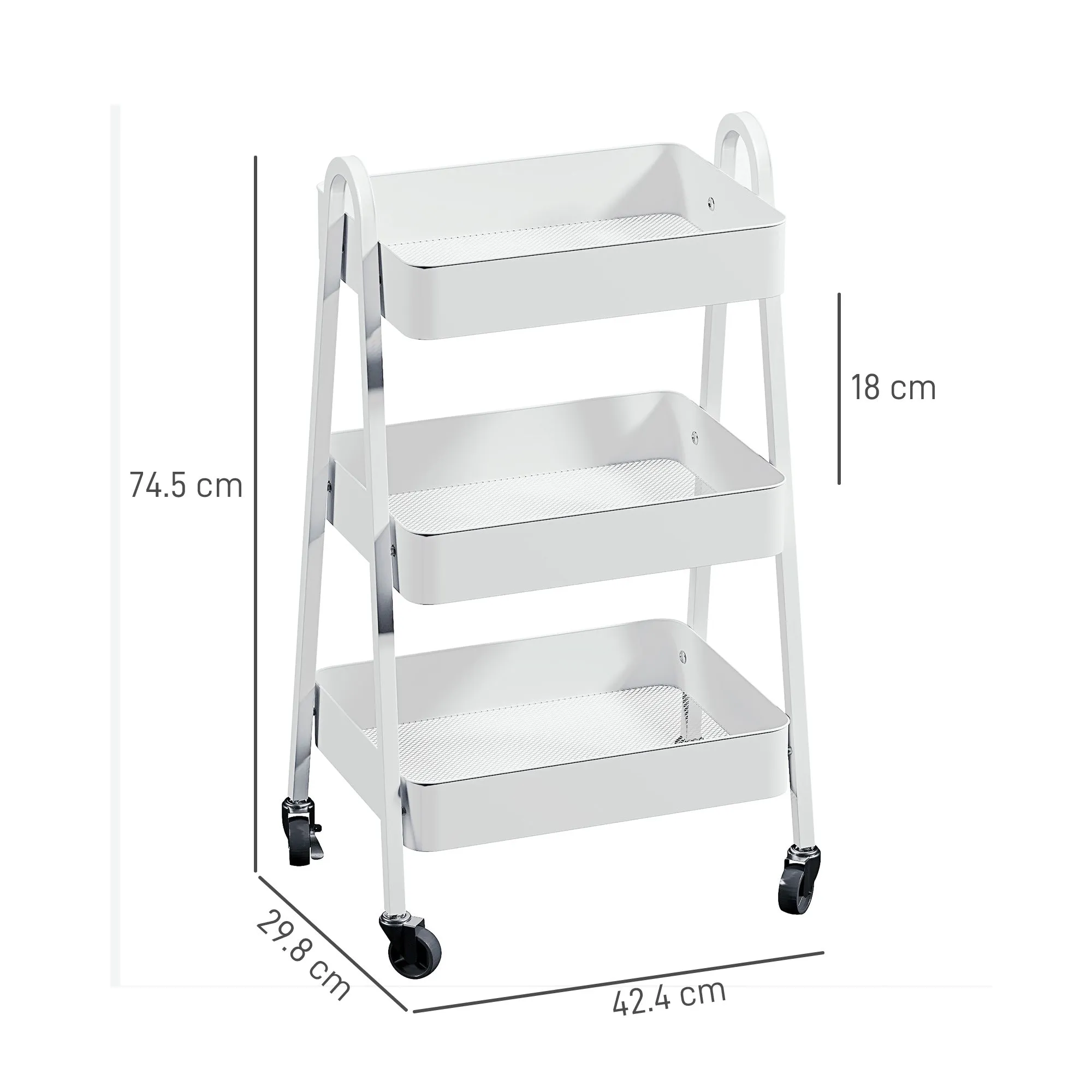 Multipurpose 3-Tier Kitchen Trolley, Swivel Wheels with Brake and Handles, White - Image 3