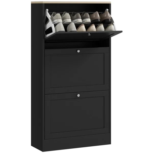 Space-saving 3-drawer shoe rack with adjustable shelves on 2 levels, in wood, 60x23.5x115 cm, Black