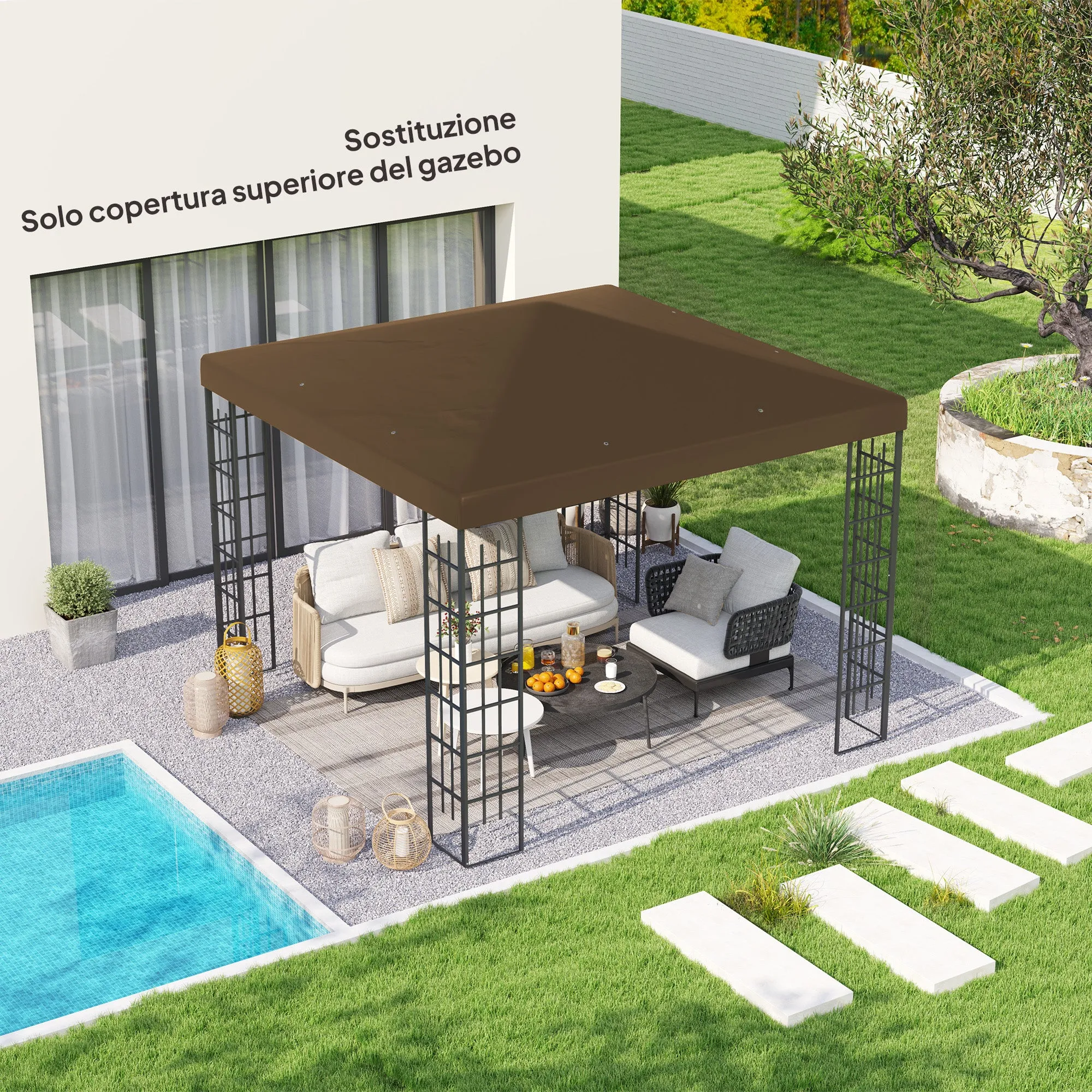 3x3 m 600D Oxford Fabric Garden Gazebo Cover with Drainage Holes, Brown - Image 2