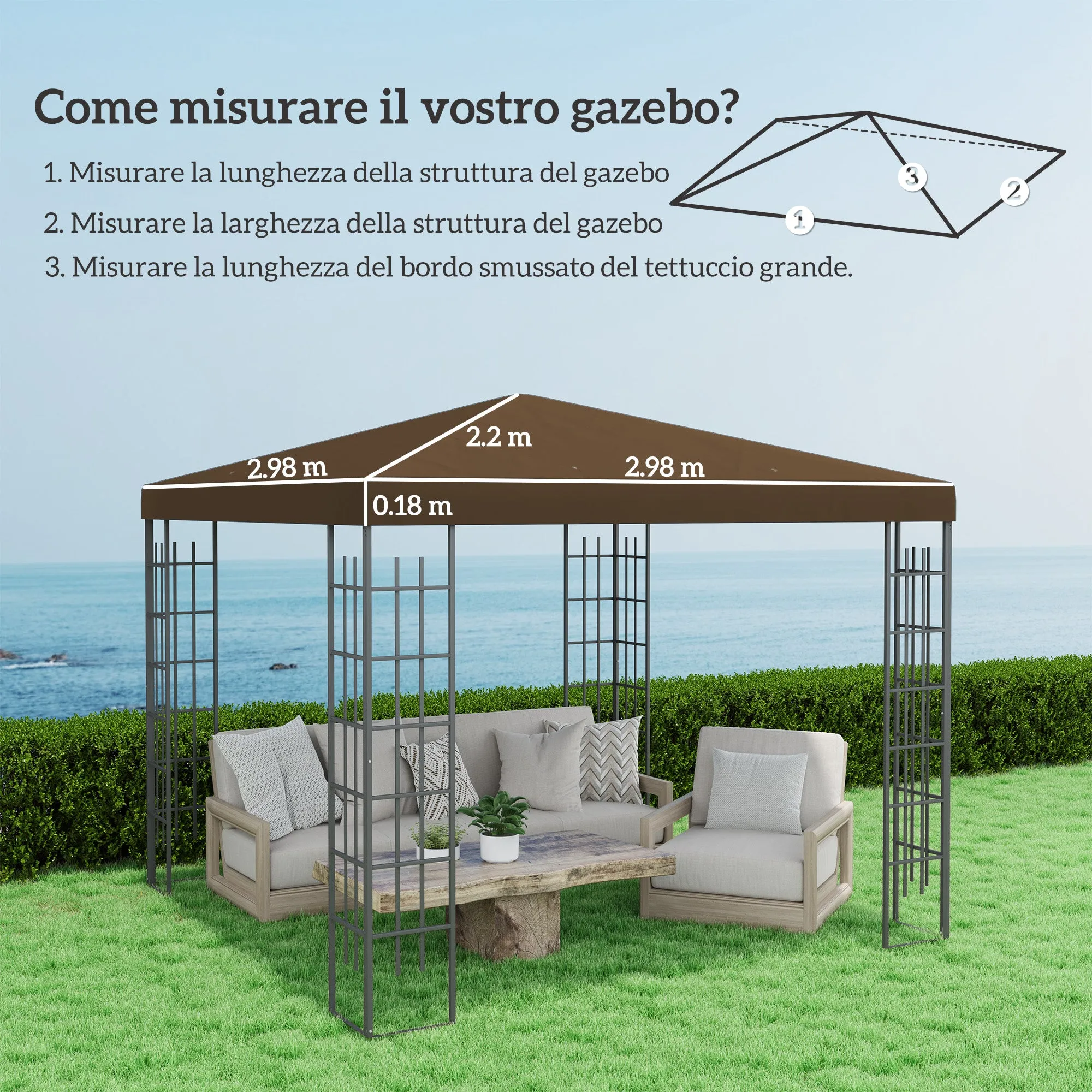 3x3 m 600D Oxford Fabric Garden Gazebo Cover with Drainage Holes, Brown - Image 3