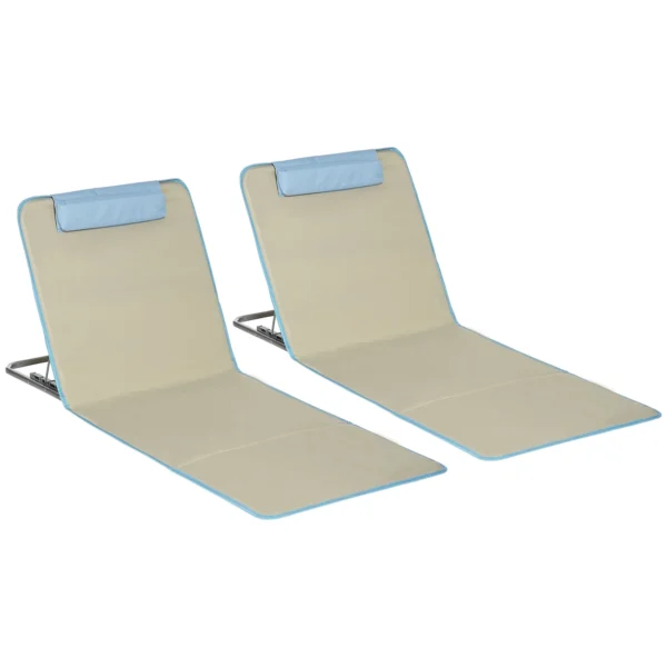 Set of 2 Folding Beach Chairs with Adjustable Backrest and Headrest, 53x124x35-45 cm, Beige and Light Blue