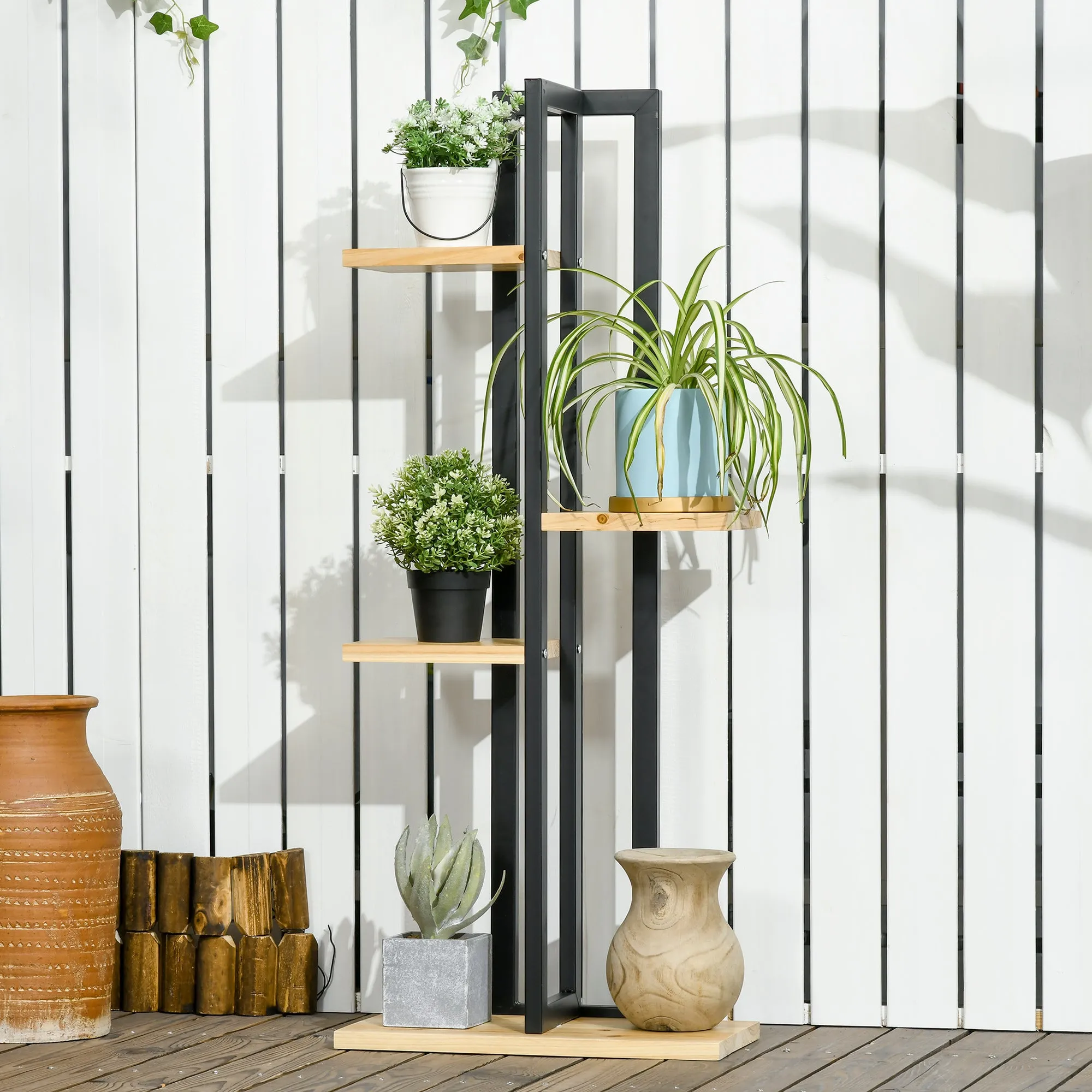 Industrial Style 4-Tier Plant Rack in Fir Wood and Metal, 45x25x110 cm, Black and Wood Color - Image 2