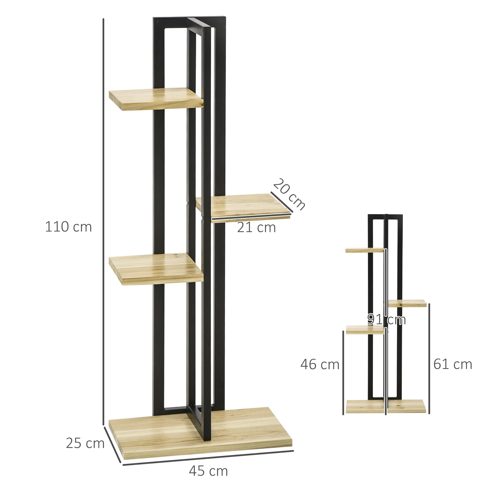 Industrial Style 4-Tier Plant Rack in Fir Wood and Metal, 45x25x110 cm, Black and Wood Color - Image 3