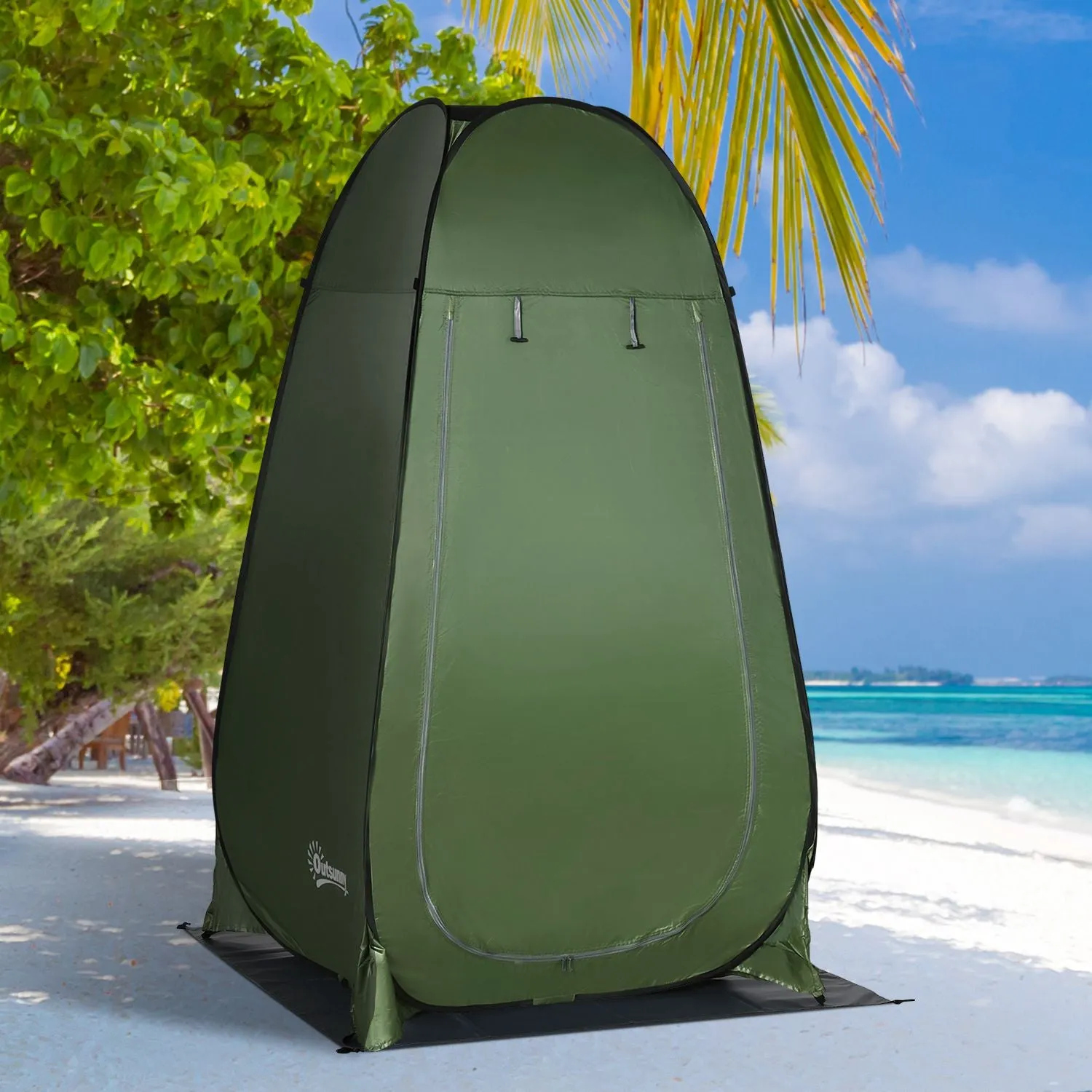 Camping and Beach Shower Tent with Zipper Door and Transport Bag, 126x124x189 cm, Dark Green - Image 2