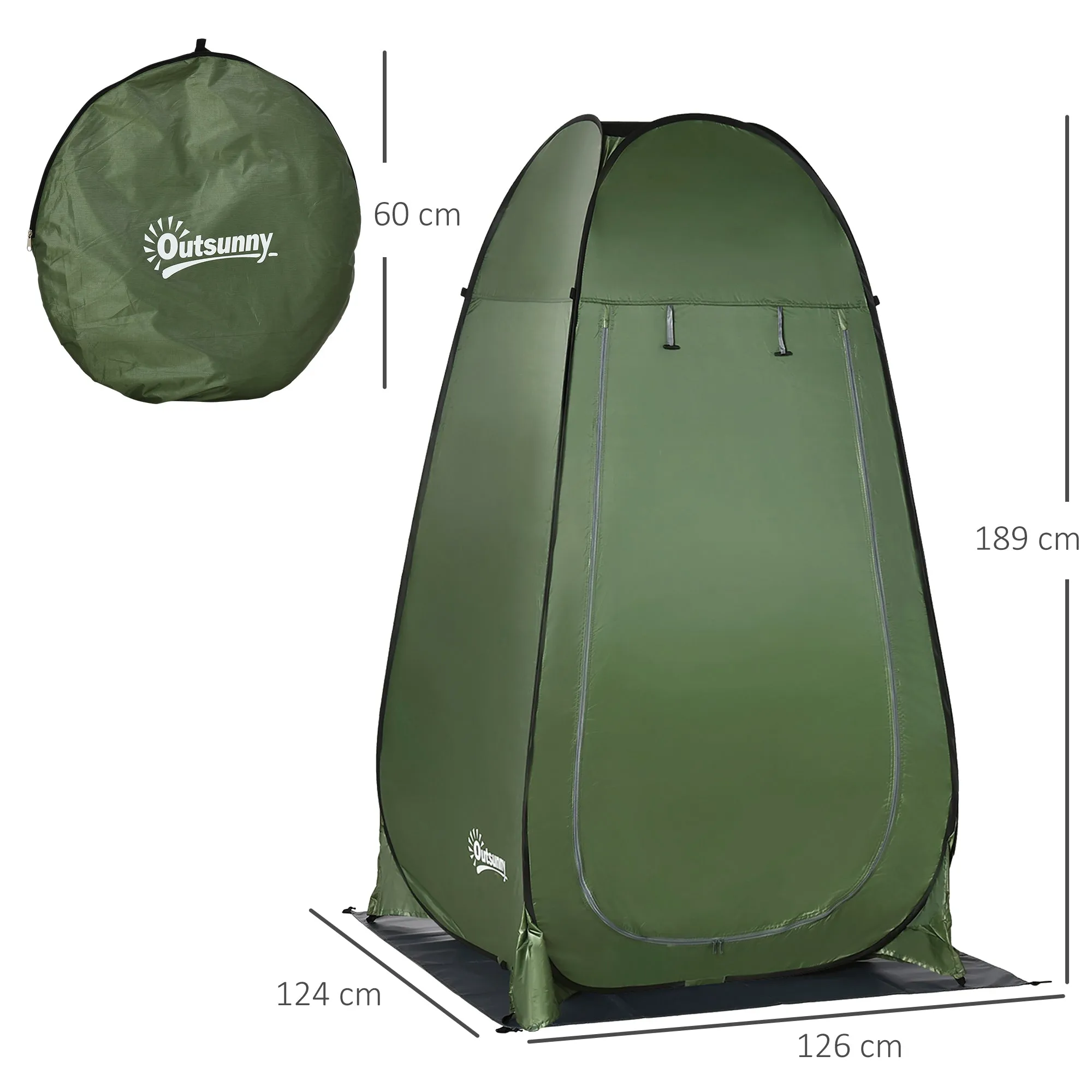 Camping and Beach Shower Tent with Zipper Door and Transport Bag, 126x124x189 cm, Dark Green - Image 3