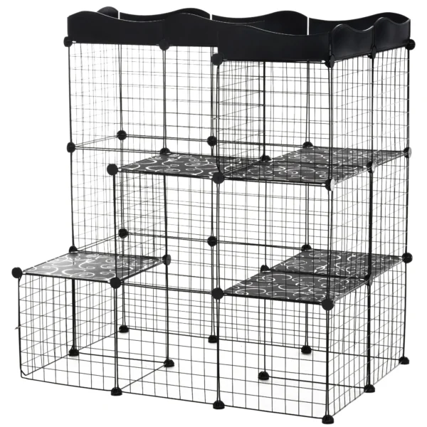 Modular and Multilevel Pet Enclosure with Ramp and 2 Doors in Steel and PP, 105x70x116 cm, Black