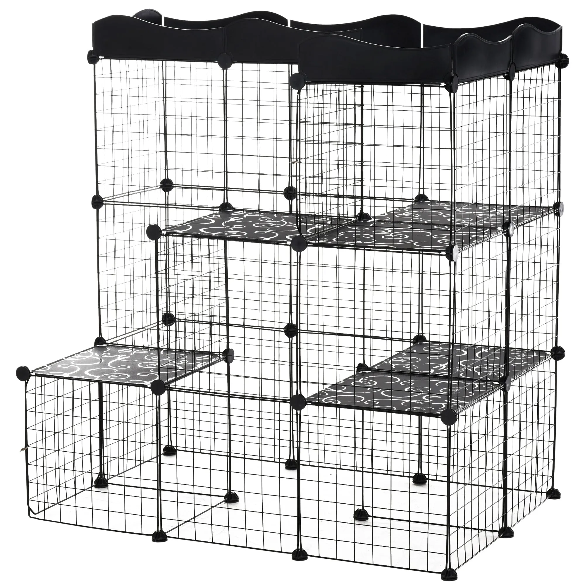Modular and Multilevel Pet Enclosure with Ramp and 2 Doors in Steel and PP, 105x70x116 cm, Black