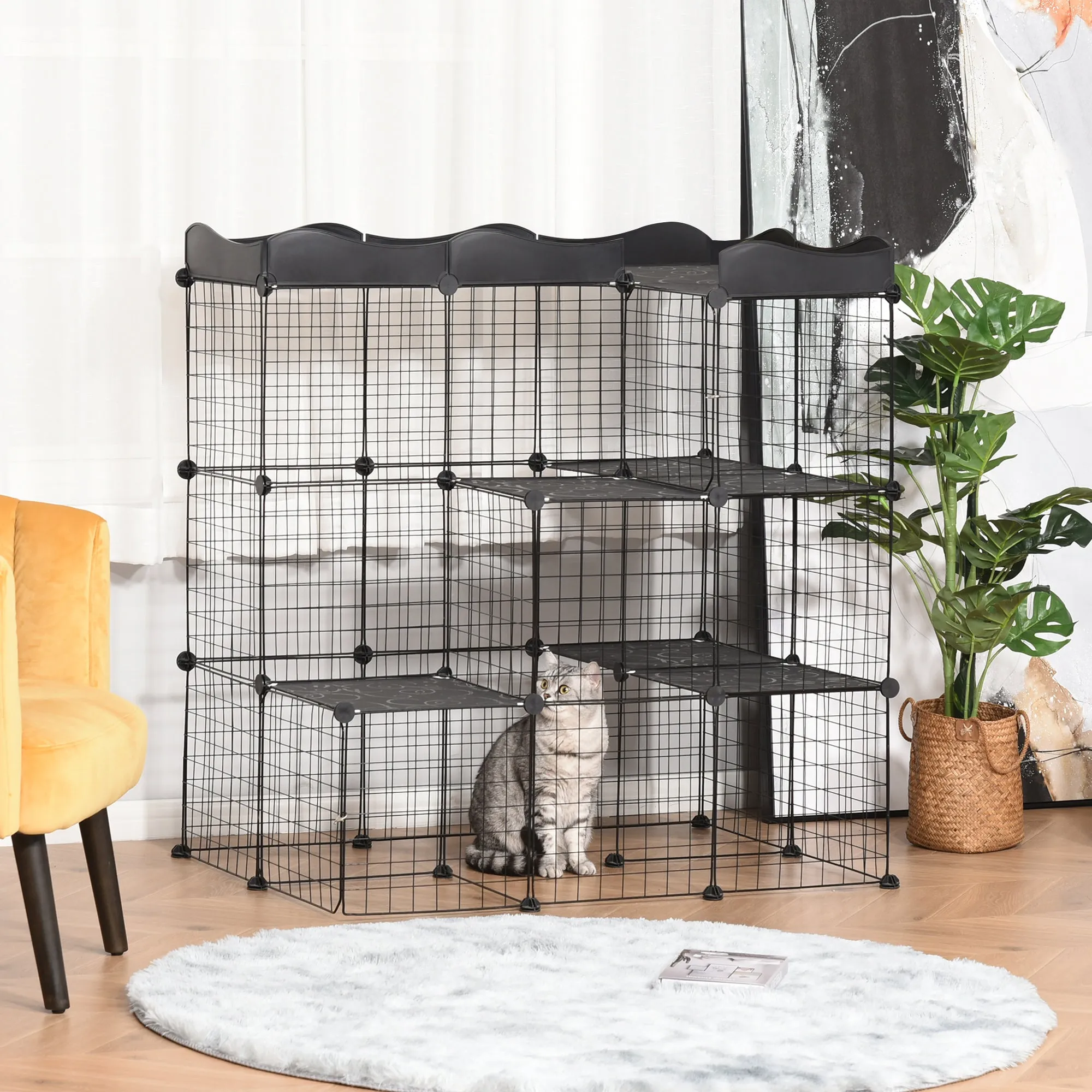 Modular and Multilevel Pet Enclosure with Ramp and 2 Doors in Steel and PP, 105x70x116 cm, Black - Image 2