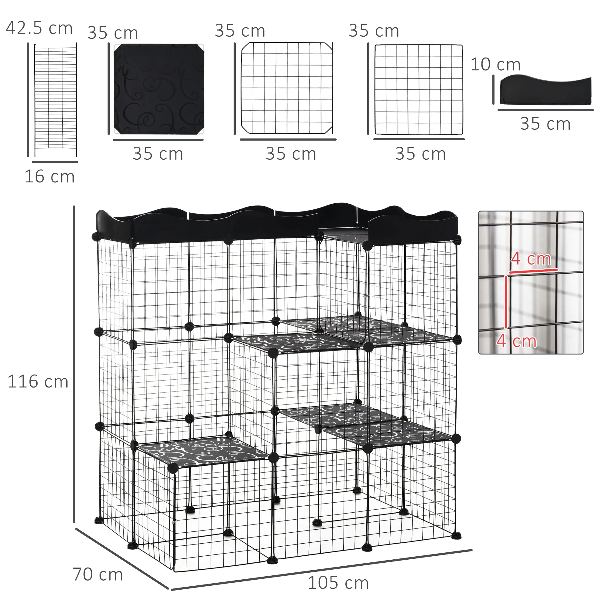 Modular and Multilevel Pet Enclosure with Ramp and 2 Doors in Steel and PP, 105x70x116 cm, Black - Image 3