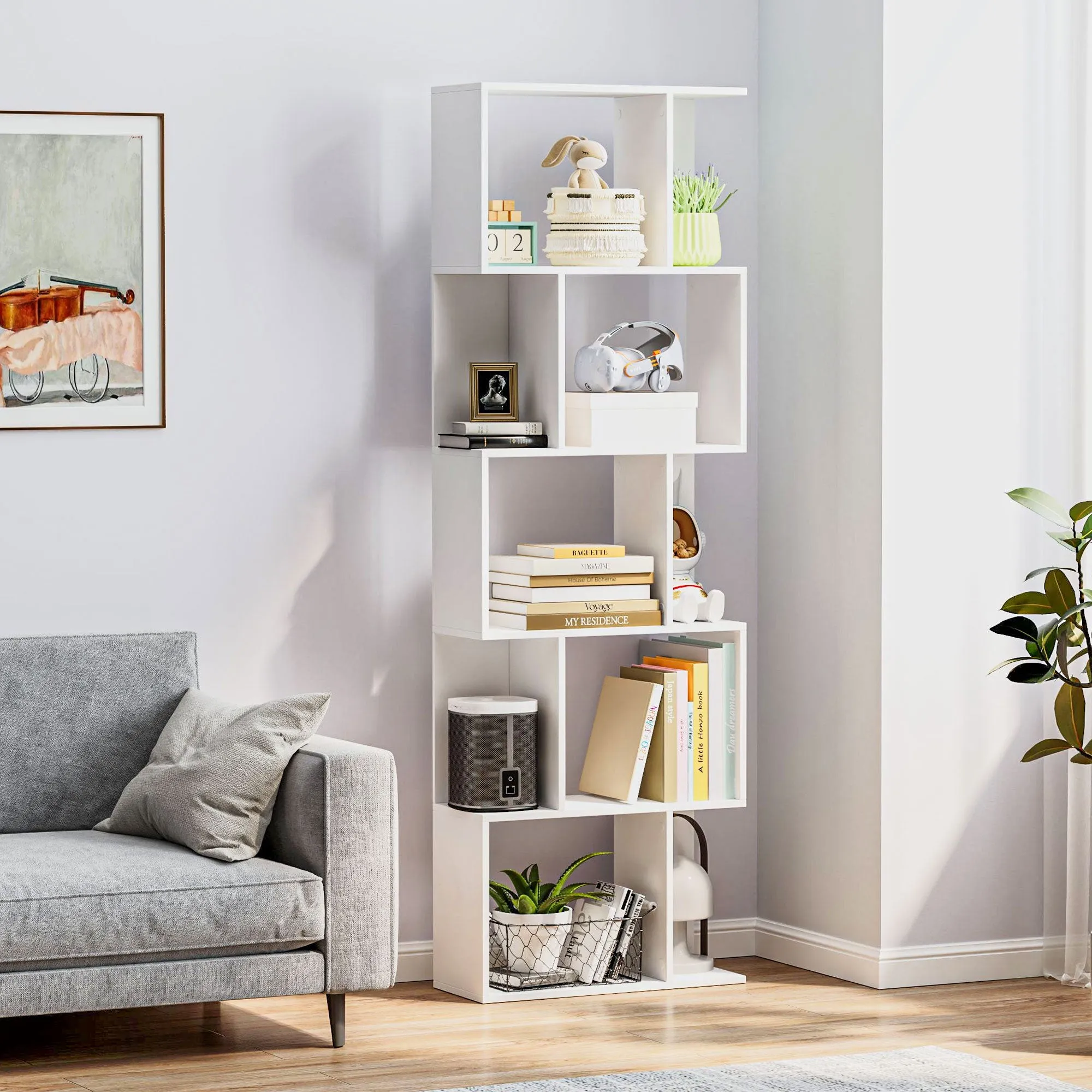 Wooden Bookcase Cabinet with 5 Shelves with Divider, 60x24x184.5 cm, White - Image 2