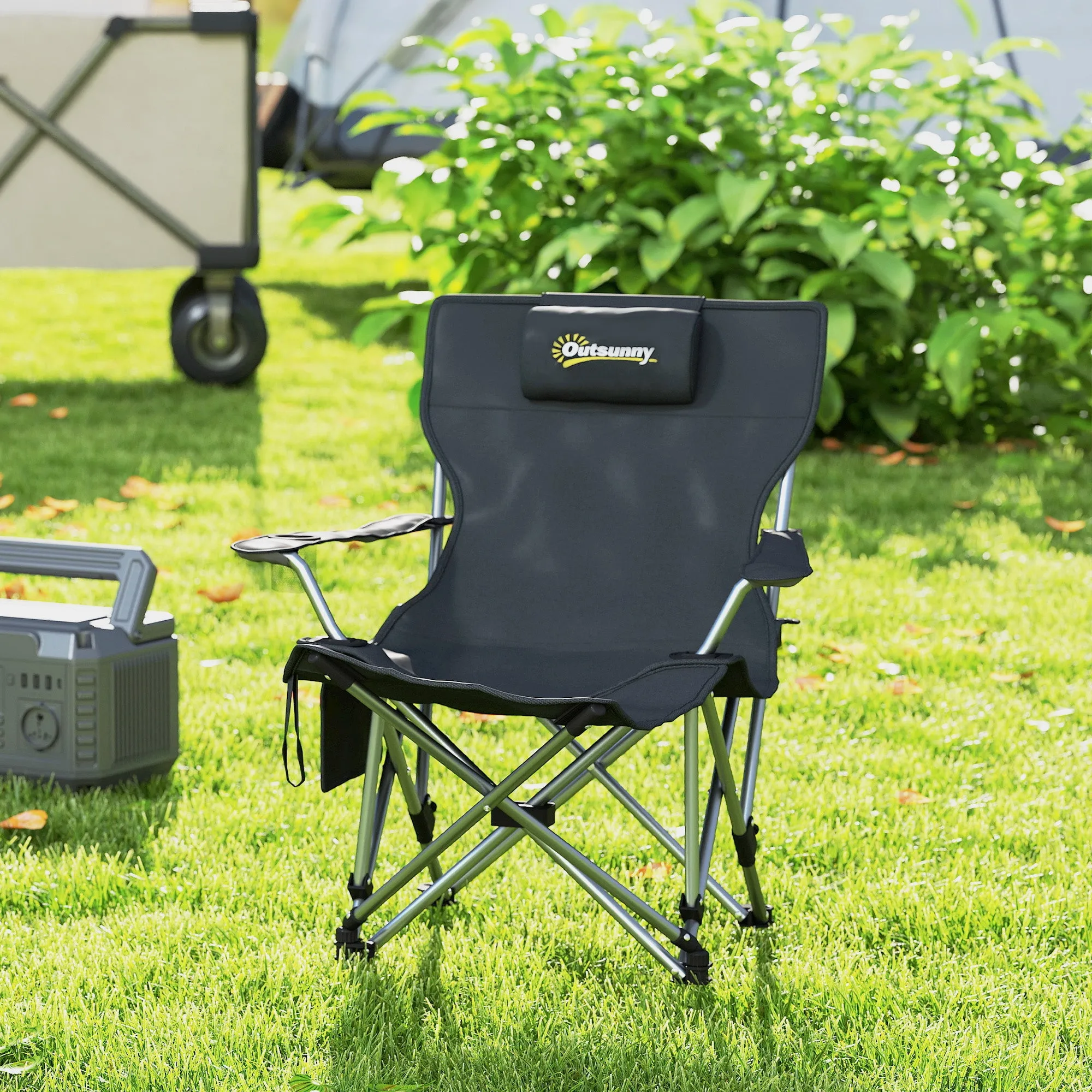 Folding and Reclining Camping Chair with Removable Footrest, Headrest and Cup Holder, Black - Image 2