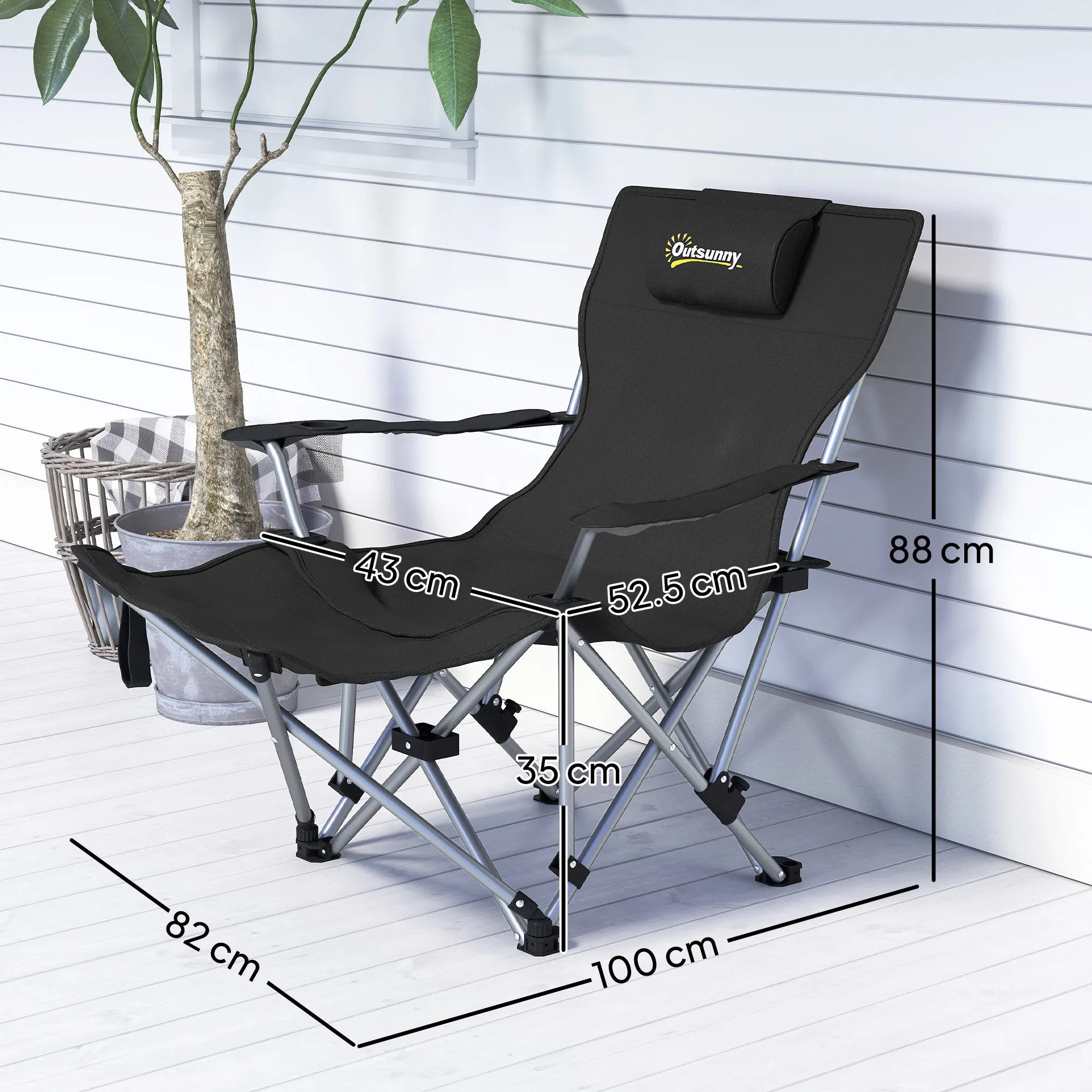 Folding and Reclining Camping Chair with Removable Footrest, Headrest and Cup Holder, Black - Image 3