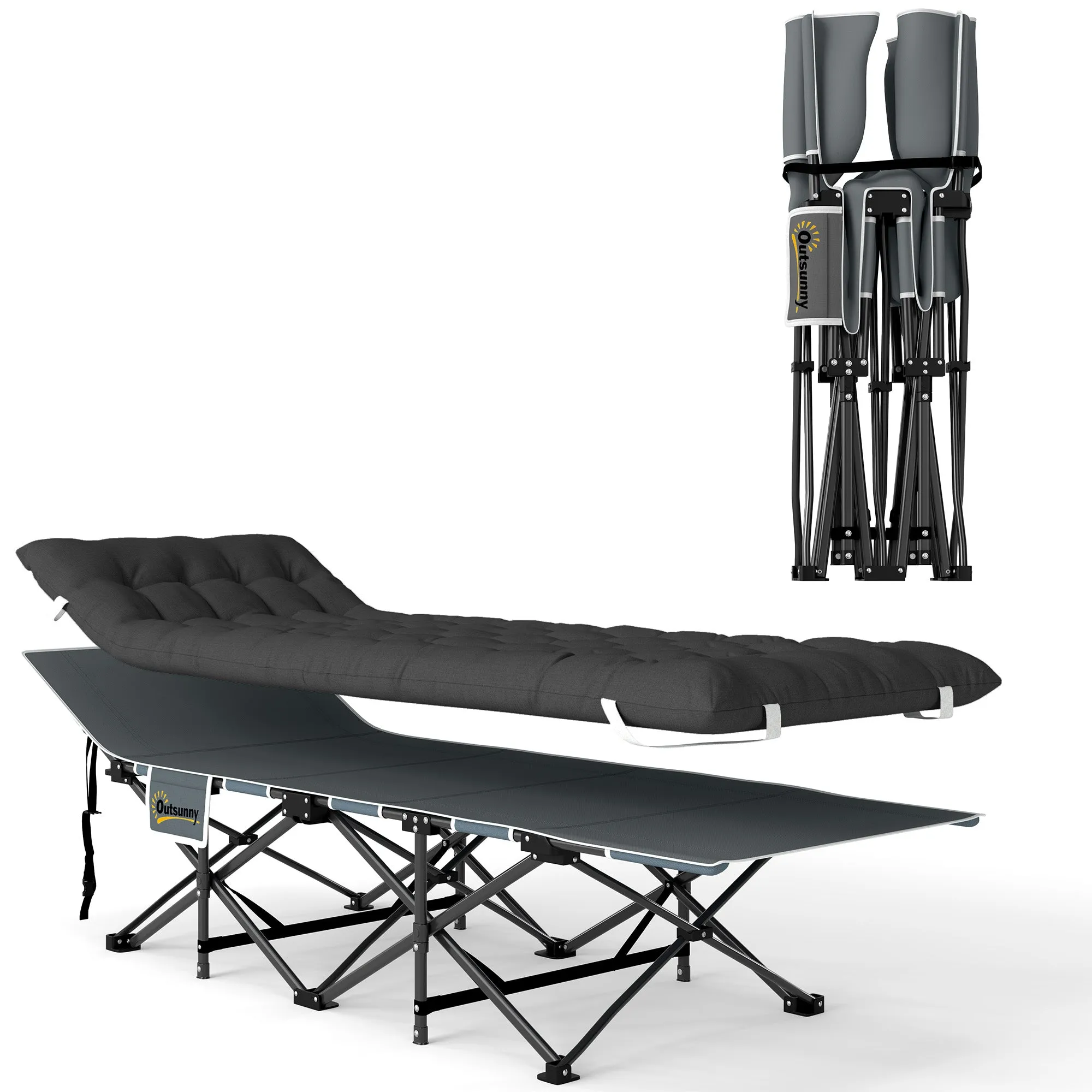 Folding Camping Cot with Inclined Headrest and Removable Mattress, 196x68x37 cm, Black