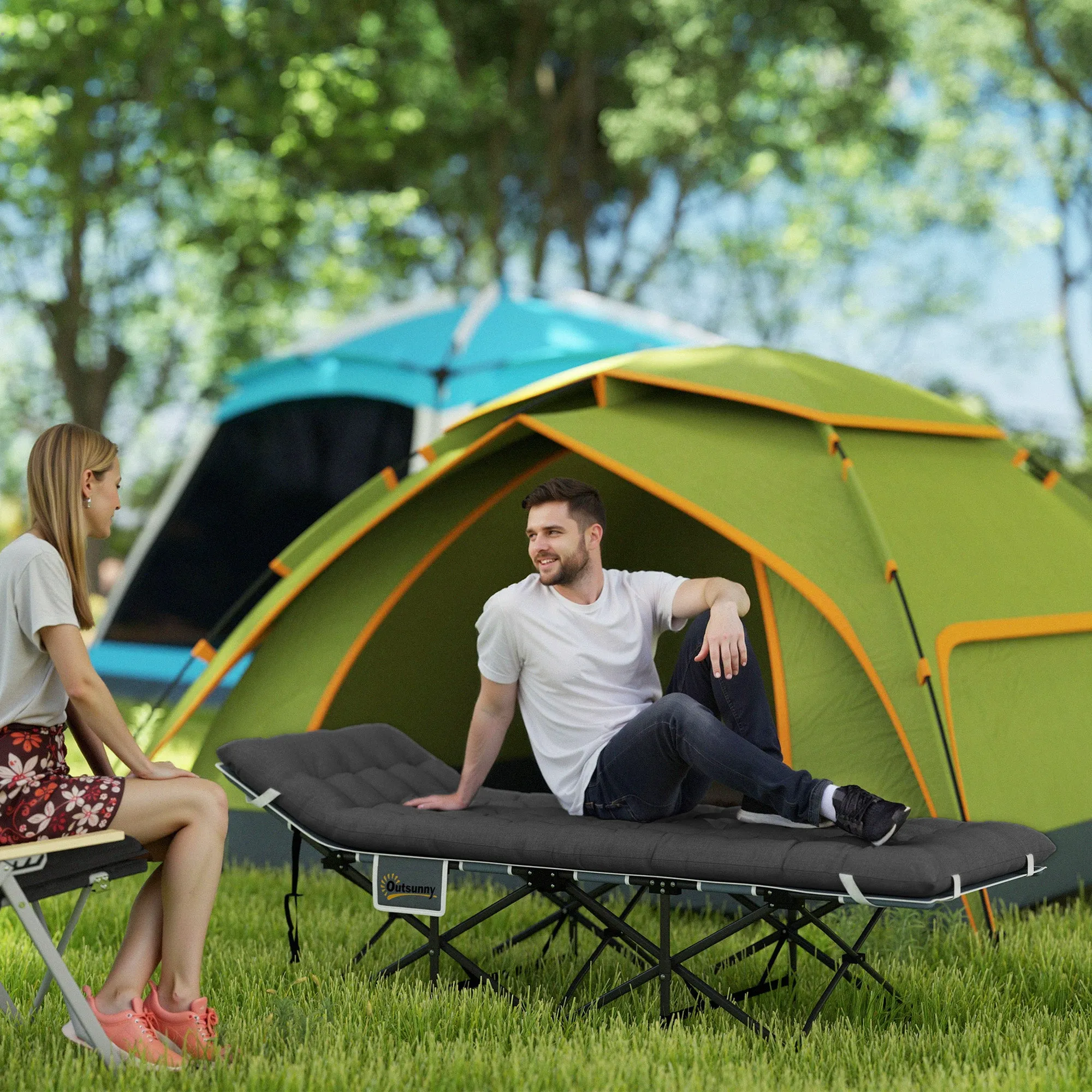 Folding Camping Cot with Inclined Headrest and Removable Mattress, 196x68x37 cm, Black - Image 2